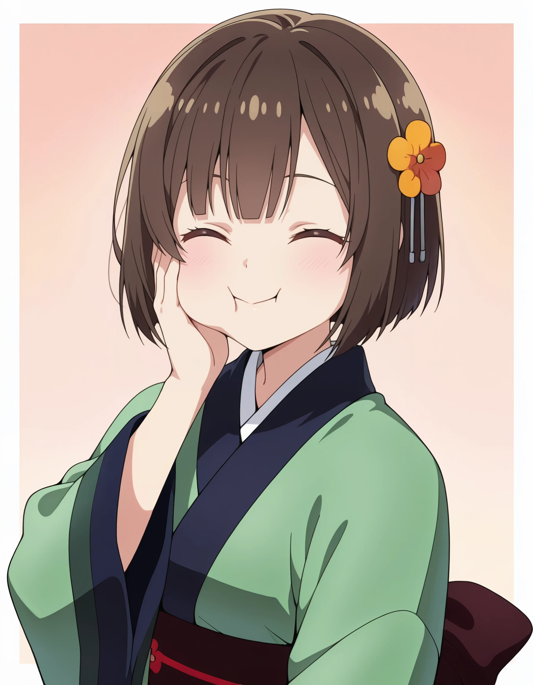 masterpiece, best quality, amazing quality,  <lora:seirei_gensouki_-_ruri_il:1> ruri, short_hair, brown_hair, hair_flower, bob_cut, brown_eyes, japanese_clothes, green_kimono, sash, obi, by_xibu_cai, chewing, smile, white_border, ^_^, solo, blunt_bangs, outside_border, simple_background, upper_body, bare_shoulders, closed_mouth, 1girl, facing_viewer, hand_on_own_cheek, pink_background, hand_on_own_face, border