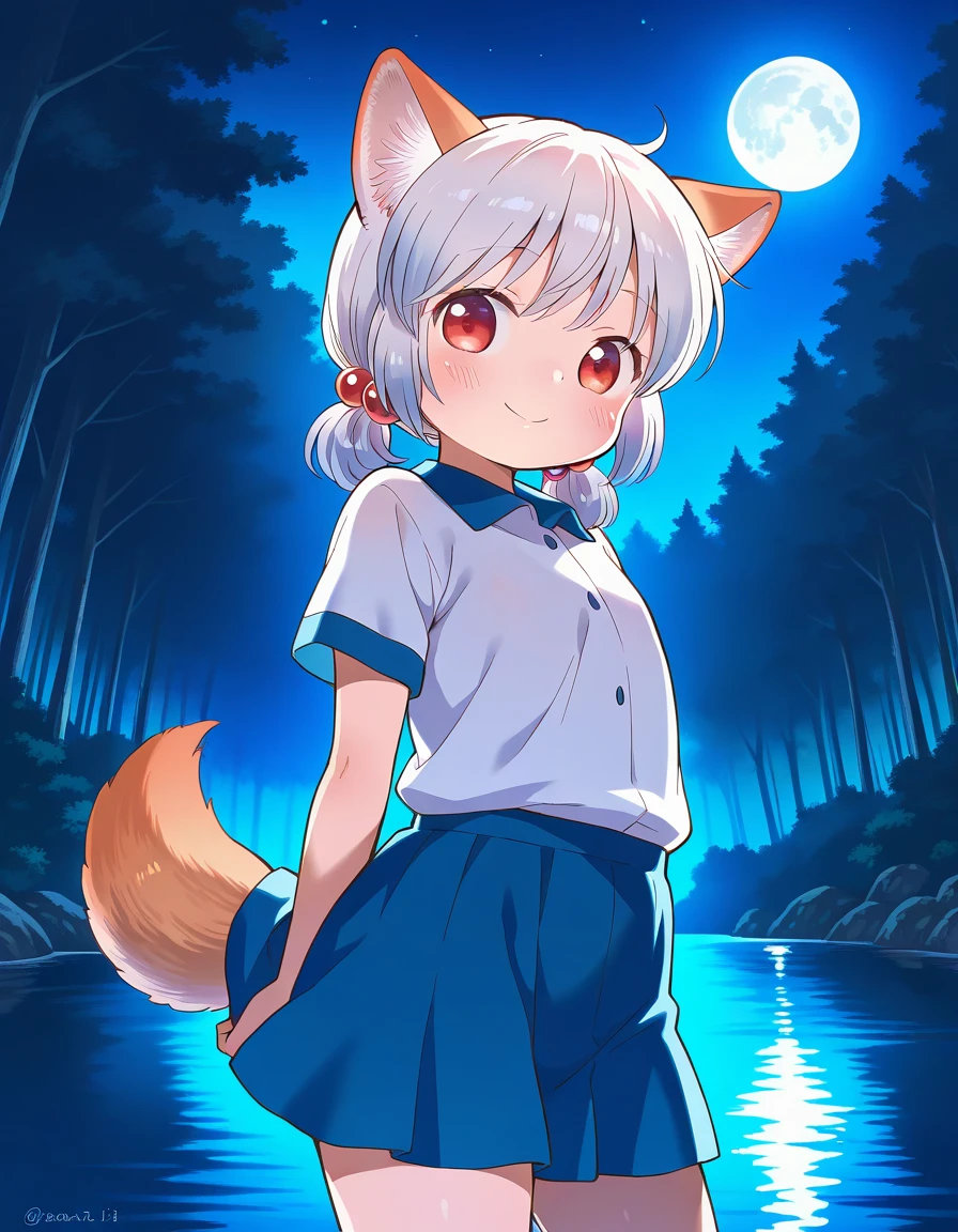 masterpiece, best quality, good quality, <lora:ookamisan_IS:1>  
ookamisan, animal ears, wolf ears, silver hair,  short twintails, red eyes, flat chest, wolf tail, hair bobbles, short stack, 
smile,  closed mouth, 
short sleeve, blue skirt,
night, moon, water, forest,
cowboy_Shot,