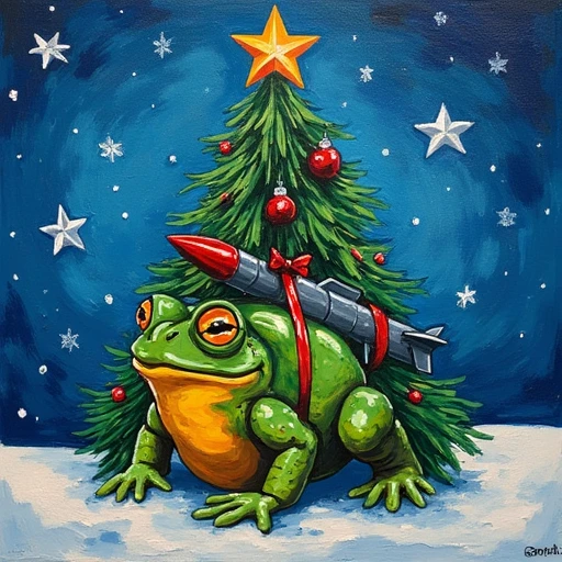 Oil painting of christmas tree that was decorated with multiple Missile Toads a toads that have rocket missle tied to it's back