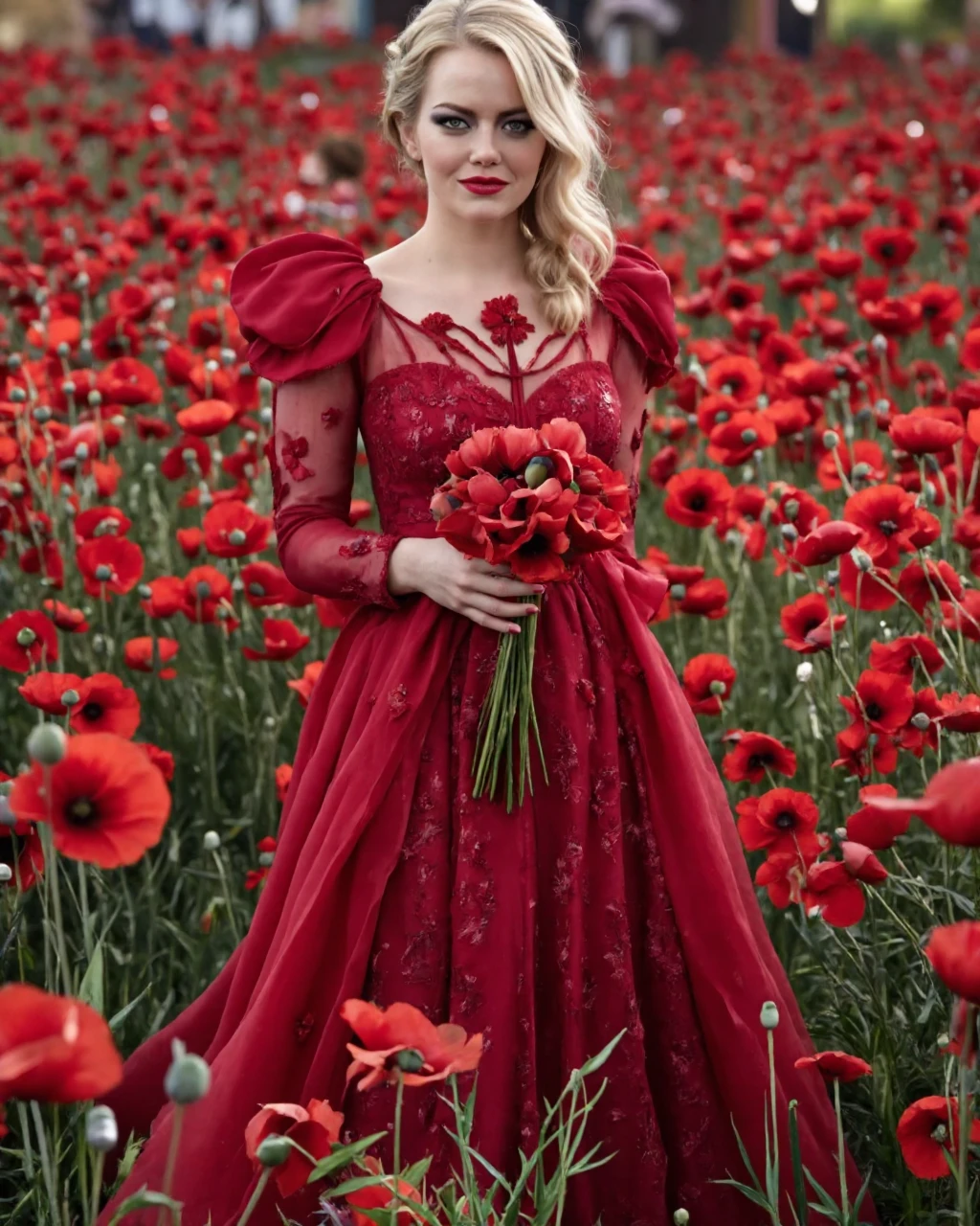 This is a highly detailed, digital photograph featuring emma_stone standing amidst a vast field of vibrant red poppies. emma_stone, with platinum blonde, voluminous hair styled in soft waves, is dressed in an intricately designed, long-sleeved, floor-length gown made of shimmering red lace. Her gown flows gracefully, creating a dramatic silhouette that contrasts with the surrounding field of poppies. She holds a bouquet of red poppies in her hands, which adds a touch of symbolism and connection to the natural beauty around her.
Her skin is pale, accentuating the stark contrast with her bright blonde hair and the vivid red of her dress and poppies. Her makeup is bold and striking, with dark, dramatic eyes and bright red lipstick, enhancing her regal, almost ethereal appearance.
The background is a sea of red poppies, creating a mesmerizing, almost surreal scene. The poppies are in full bloom, their petals vivid and rich, adding a sense of vibrant life to the otherwise desolate landscape. The lighting is soft, with a diffused quality that highlights the textures of the poppies and the lace of her dress, giving the image a dreamlike quality.