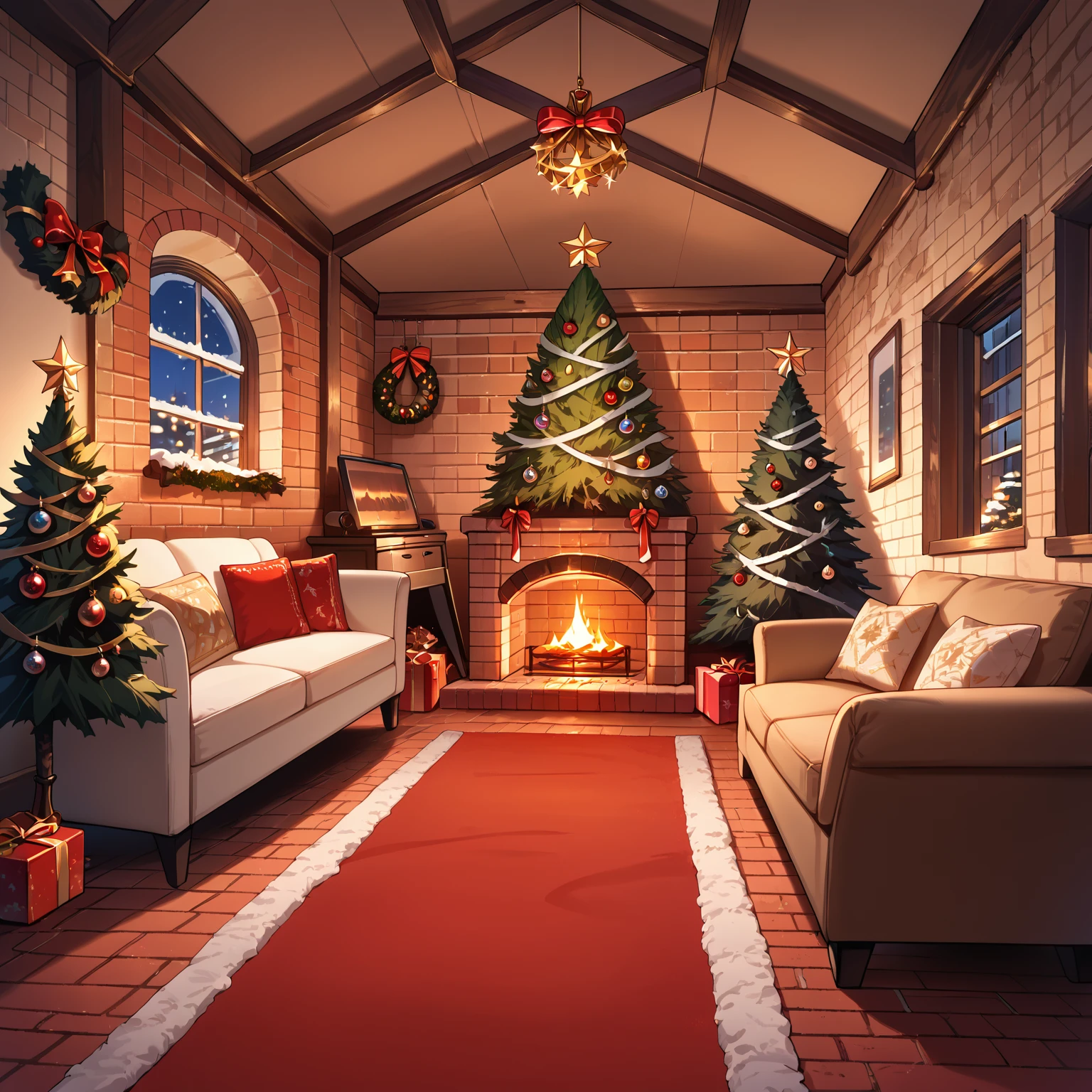 score_9, score_8_up, score_7_up,source_anime,  <lora:Christmas living room:0.7> chrlib, scenery, no humans, indoors, living room, night, brick oven, christmas tree, christmas ornaments, red carpet,