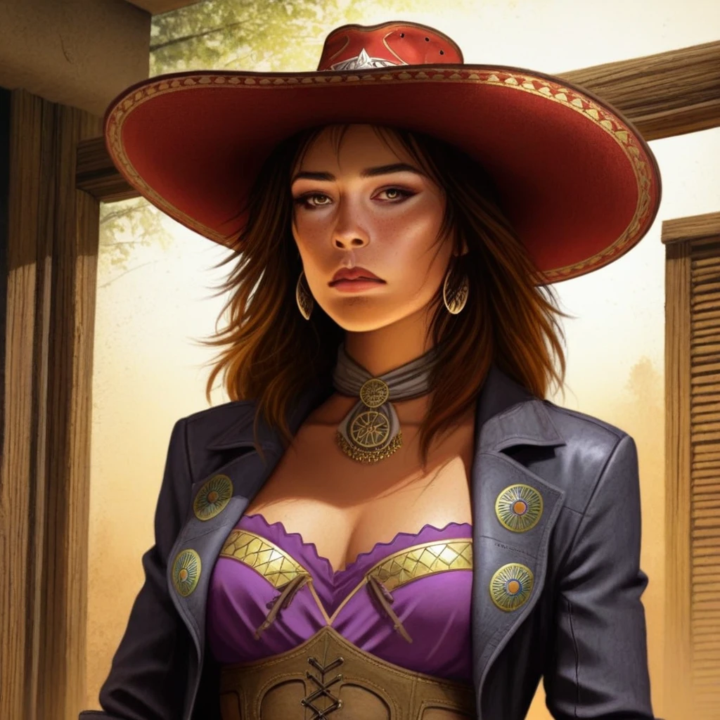 GTA-style artwork ovtlawz,dark fantasy, ultra realistic painting, (Julie Bell), Elegant female outlaw in a tailored velvet jacket, wide-brimmed hat tilted, and bandana around her neck, leaning against the bar of a smoky saloon, sunlight streaming through wooden shutters casting striped patterns on the walls, rich amber and sepia tones, close-up with intense expression, intricate textures, and atmospheric lighting. <lora:Wild_West_Wild_Frontier_Outlaws-Illustrious:1> . Satirical, exaggerated, pop art style, vibrant colors, iconic characters, action-packed