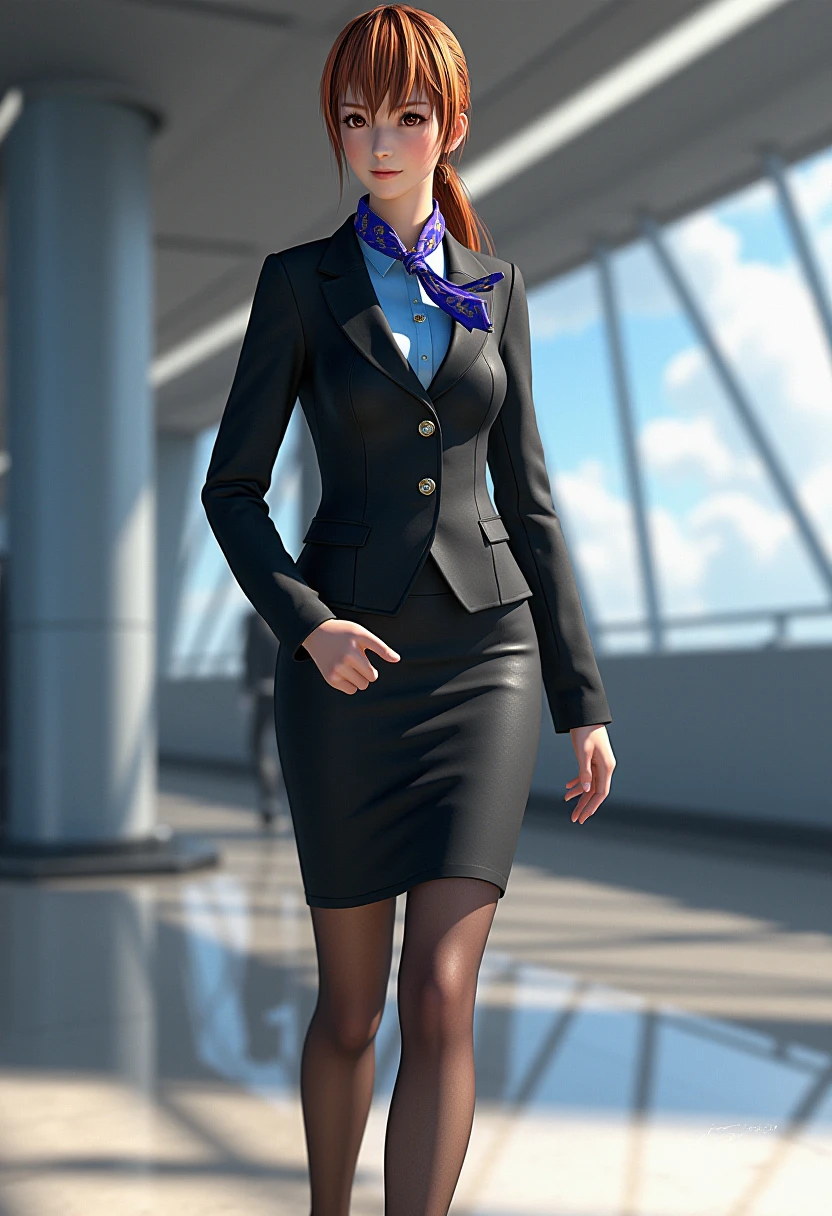 A detailed solo portrait.
anime,  sharp, high contrast and highly detailed., 
 <lora:doa6_kasumi_v1_1-000004:1> kasumi_doa6
She is standing in a futuristic airport, with sunshine, blue sky and white cloud in the background. She wears a sleek and professional airline attendant uniform inspired by Japanese aesthetics, similar to the uniforms of ANA (All Nippon Airways). The uniform should consist of a tailored black jacket with a subtle sheen, featuring a structured, fitted design with long sleeves and a single-button closure. Beneath the jacket, the attendant wears a light blue collared shirt, neatly tucked into a matching knee-length pencil skirt. Around the neck is a silk scarf in a vibrant, bold color such as purple or blue, tied elegantly to add a touch of flair and sophistication. The outfit is complemented by sheer black tights and polished black dress shoes with low heels, designed for both style and comfort. She looks mature, gentle and elegant. She is looking at the viewer with a beautiful smile.