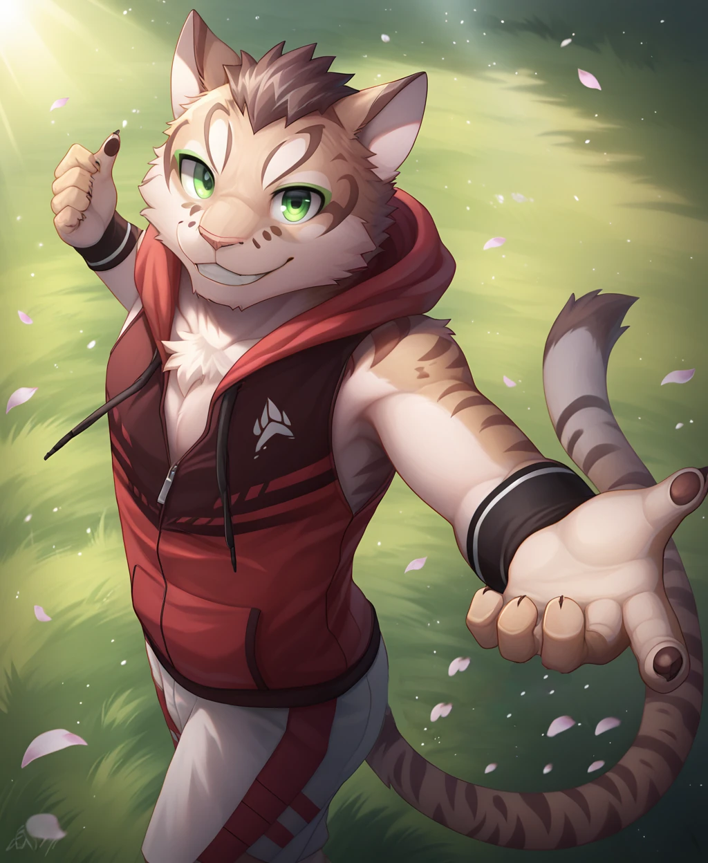 <lora:add-detail-xl:3>, detailed, detailed eyes, detailed fur, male, tail, (solo), <lora:Shu-ChiXL:1>, yan shu chi, pose, posing, sexy pose, looking at viewer, hoodie, sleeveless, smile, grin, white shorts, dynamic pose, high-angle view, grass, wind, petals, light beam, 