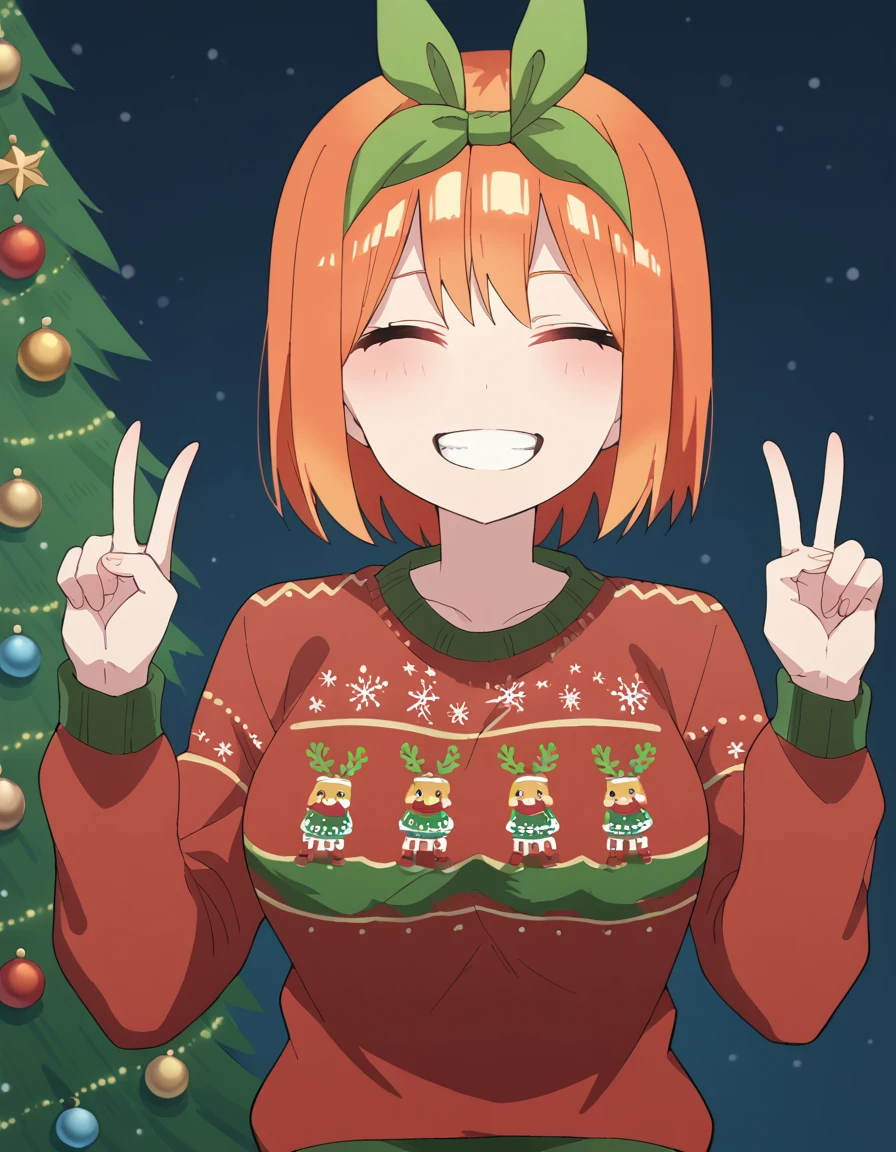 score_9, score_8_up, score_7_up, source_anime, <lora:yotsuba-nakano-s2-ponyxl-lora-nochekaiser:1>, yotsuba nakano, bangs, short hair, hair ribbon, hairband, orange hair, green ribbon, large breasts,, <lora:christmas-sweater-ponyxl-lora-nochekaiser:1>, christmas sweater, christmas, ugly sweater, print sweater, red sweater, christmas tree, christmas ornaments, sweater, multicolored sweater, , v, smile, hands up, teeth, closed eyes, cowboy shot,