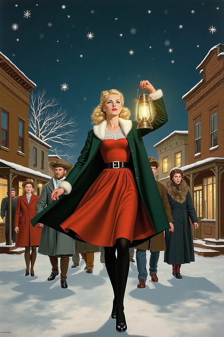 IPbN46, traditional media, fine art, christmas parody, 1940s \(style\), Eris Etolia, Blonde, Blue Eyes,

Eris Etolia, blonde, blue-eyed, and spirited, leads a group of carolers through a Western town blanketed in snow for Christmas. She's dressed in a smart 1950s coat with a fur collar, her dress beneath subtly outlining her youthful shape, paired with thigh-high stockings for warmth. A playful scene unfolds as they sing, with Eris holding a lantern, her song echoing through the streets, turning the caroling into a humorous, heartwarming spectacle of holiday joy.