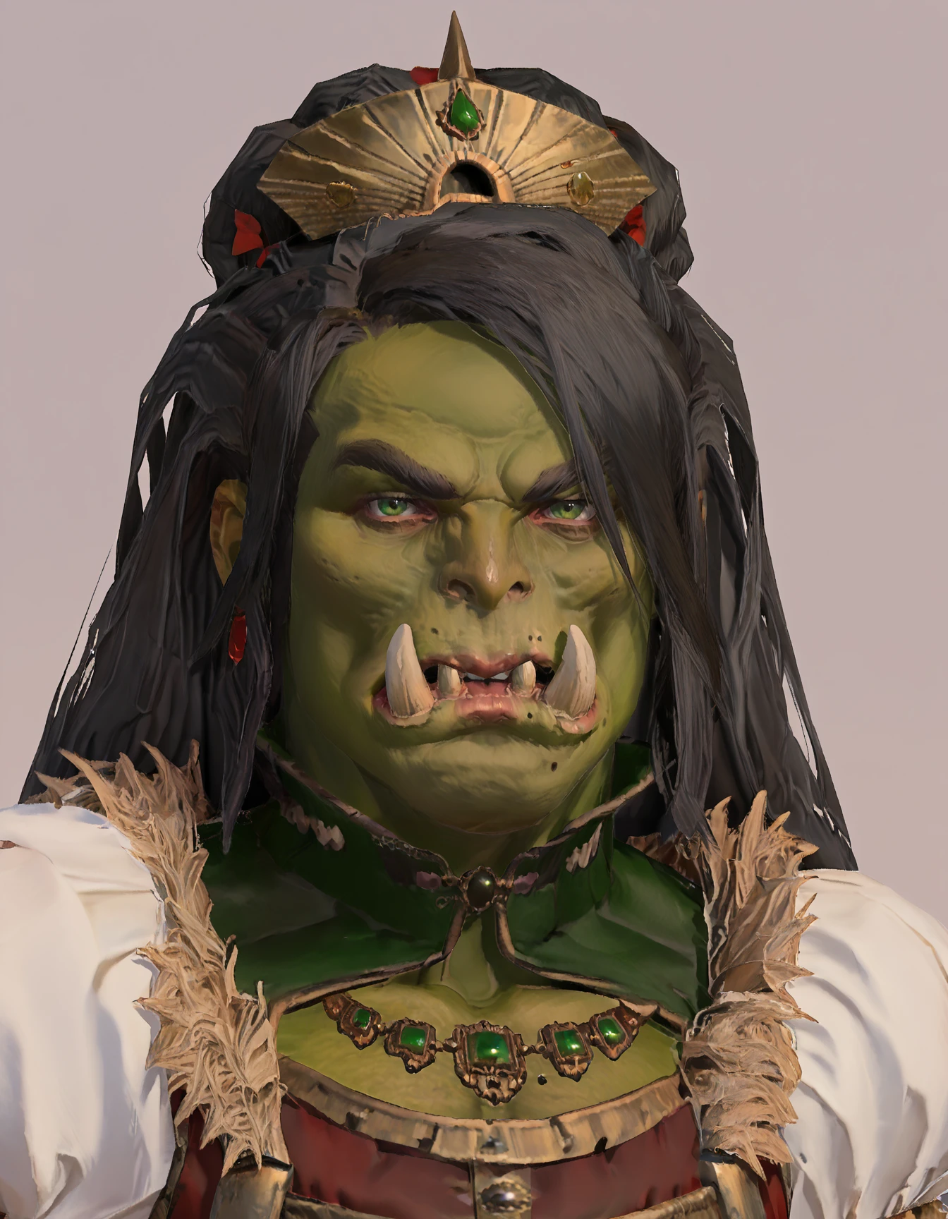 score_9, score_8_up, score_7_up, source_cartoon, funny, solo,
Lucrezzia, black hair, green eyes, jewelry, mole under mouth, corset, puffy sleeves, <lora:LucrezziaBelladonna_PonyXL:0.9> ,
1boy, orcboyz, green skin, tusks, wig, <lora:Orc_Boyz_PonyXL:0.8>
looking at viewer, pout,