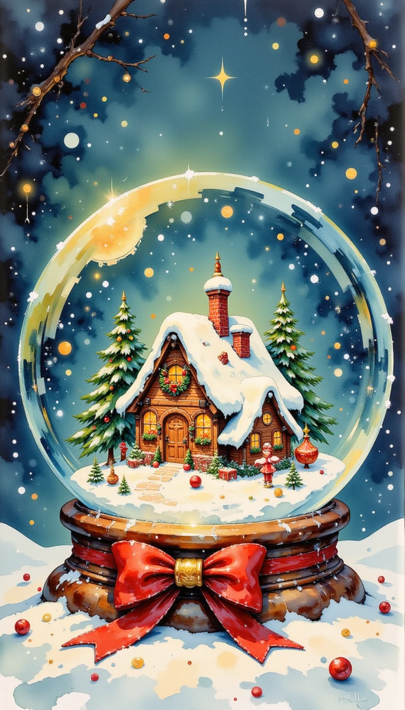 pinkretrochristmaswatercolor, 

A glowing enchanted snow globe showing a miniature Christmas village inside, sparkling with magic.