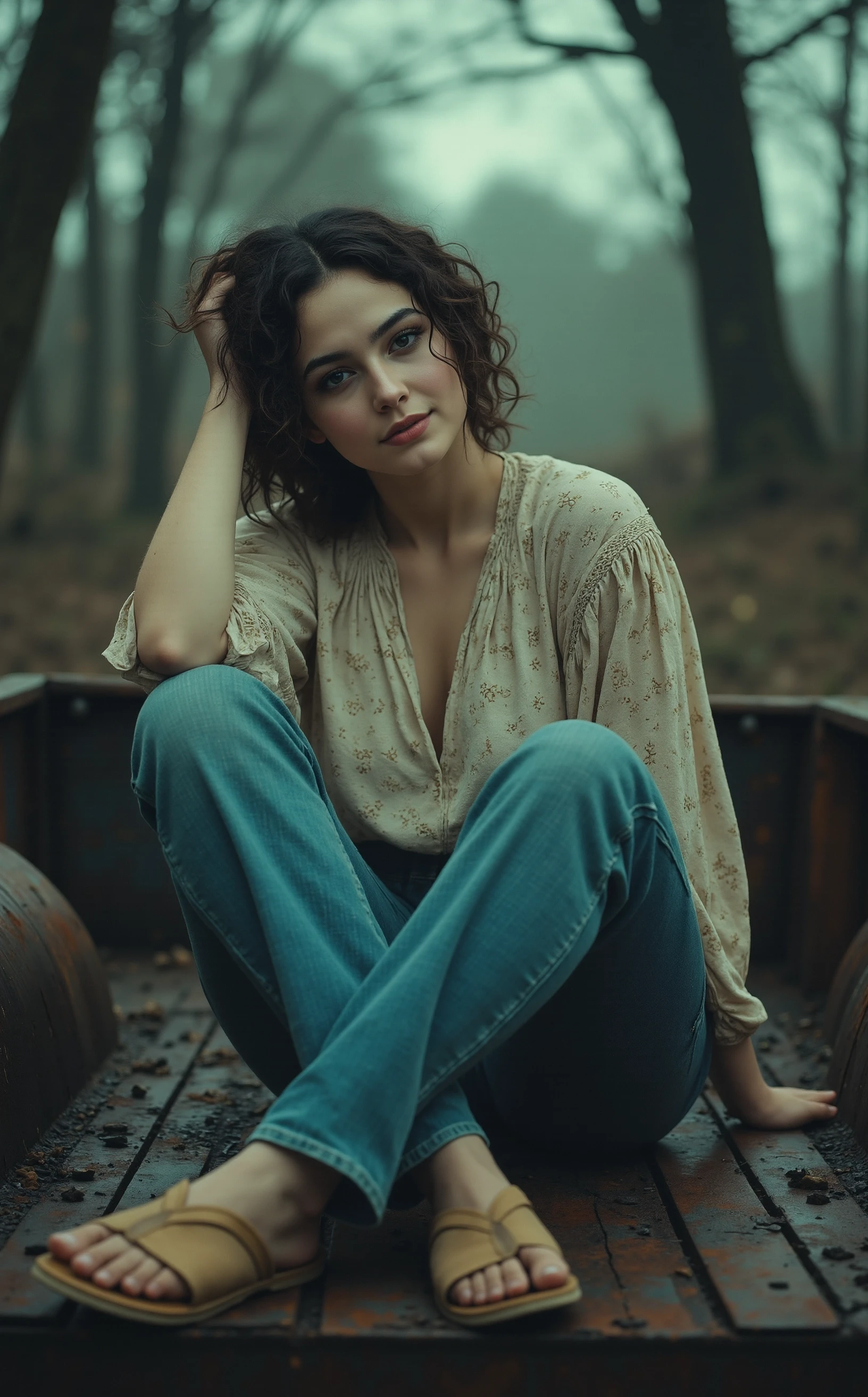 Off-center composition, full body with slight upward angle, The image is a portrait of a young woman sitting on the back of an old, rusted metal truck. She is wearing a beige blouse with a floral pattern and blue jeans. Her curly hair is styled in loose curls and she is smiling at the camera. Her left arm is resting on her head and her right arm is stretched out to the side. She has a pair of beige slippers on her feet. The truck appears to be in an outdoor setting with trees in the background. The overall mood of the image is peaceful and serene., dark and dim light, cinematic film still ethereal fantasy concept art of  fantasy art by Michael Vincent Manalo, cinema art by Bong Joon Ho, , genre-bending, social satire, compelling, Digital collage, surrealism, introspective . magnificent, celestial, ethereal, painterly, epic, majestic, magical, fantasy art, cover art, dreamy . shallow depth of field, vignette, highly detailed, high budget, bokeh, cinemascope, moody, epic, gorgeous, film grain, grainy