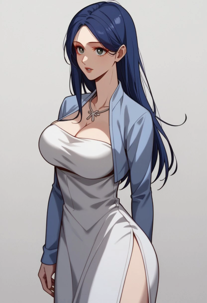 score_9, score_8_up, score_7_up, BREAK, HuaLei, long hair, blue hair, grey eyes, large breasts, necklace, cleavage, blue jacket, cropped jacket, long dress, white dress, side slit, 1girl, solo,