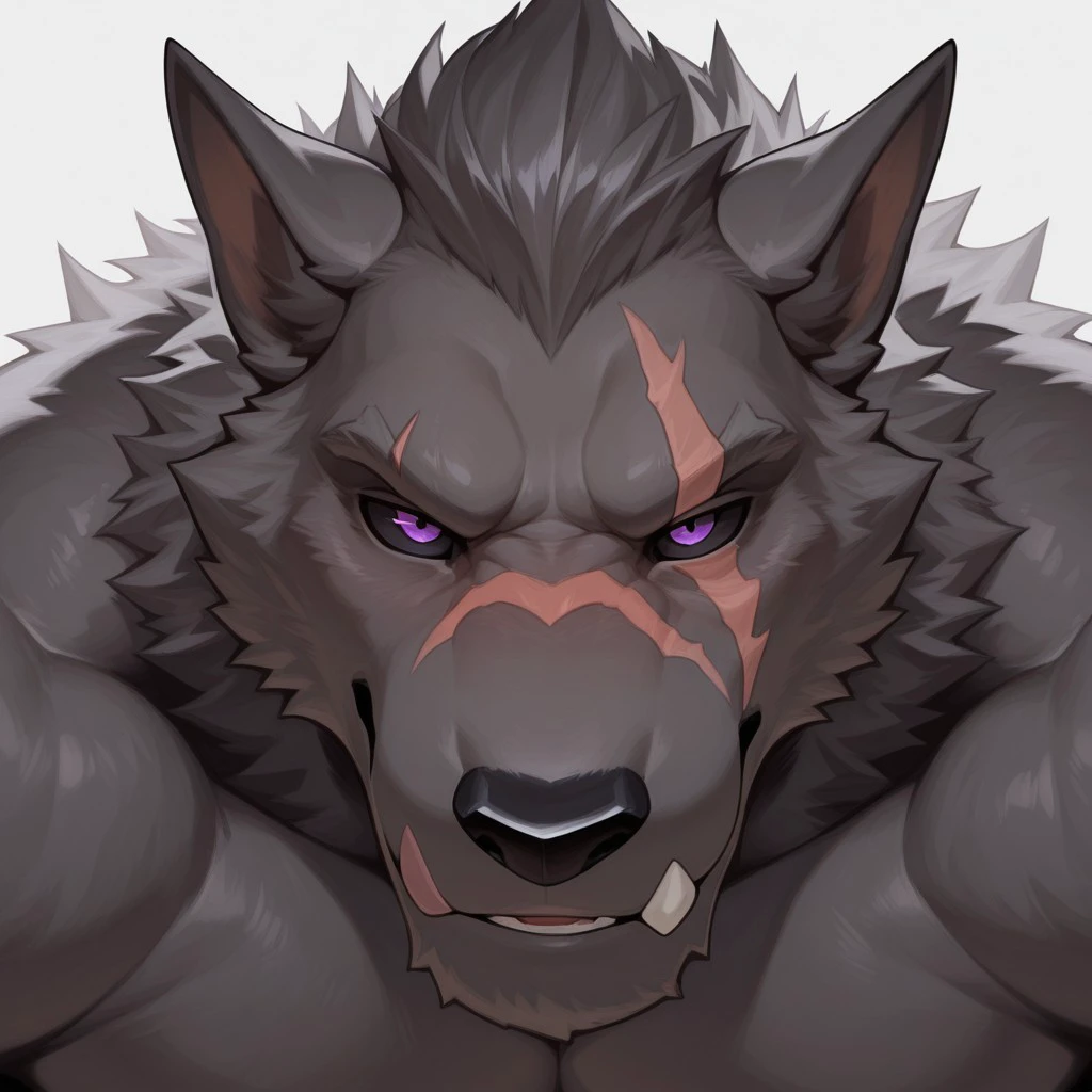 masterpiece, best quality, amazing quality, solo, 1boy, Blaidd, scar, bara, purple eyes, black sclera, close up, null-ghost style, 