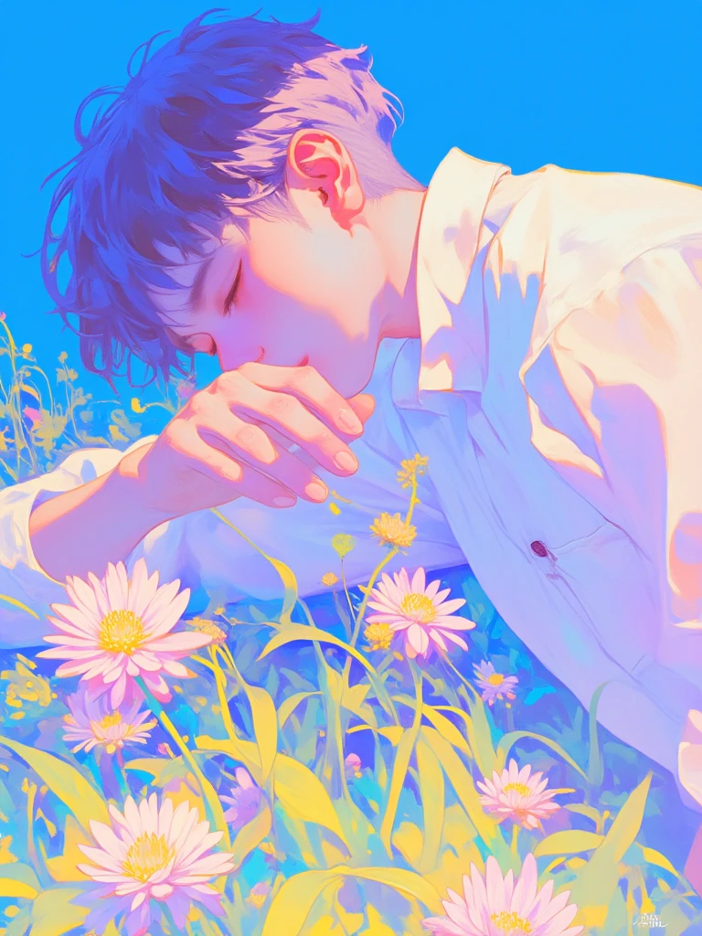 xijie_mihuan,a digital illustration of a young man sitting in a field of flowers, He is wearing a white shirt and has dark hair that is styled in a messy yet fashionable manner, His eyes are closed and his head is resting on his hands, as if he is deep in thought, The background is a bright blue sky with a few clouds, The flowers around him are in various colors, including pink, yellow, and orange, and they are scattered around him, The overall mood of the image is peaceful and serene