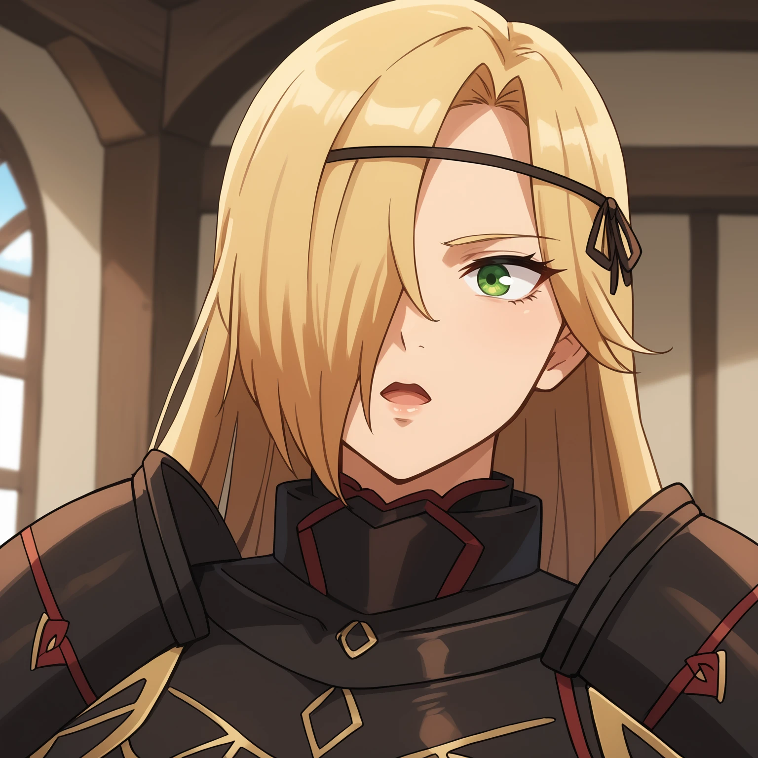 score_9, score_8_up, score_7_up, score_6_up, score_5_up, score_4_up, brown_armored_dress, Leinas_Rockbruise, looking_to_the_side, solo, large_breasts, open_mouth, mole_under_mouth, expressionless, one_eye_covered, knight, circlet, shoulder_armor, breastplate, brown_sleeves, upper_body, indoors, <lora:Leinas_Rockbruise_V1_2:0.8>