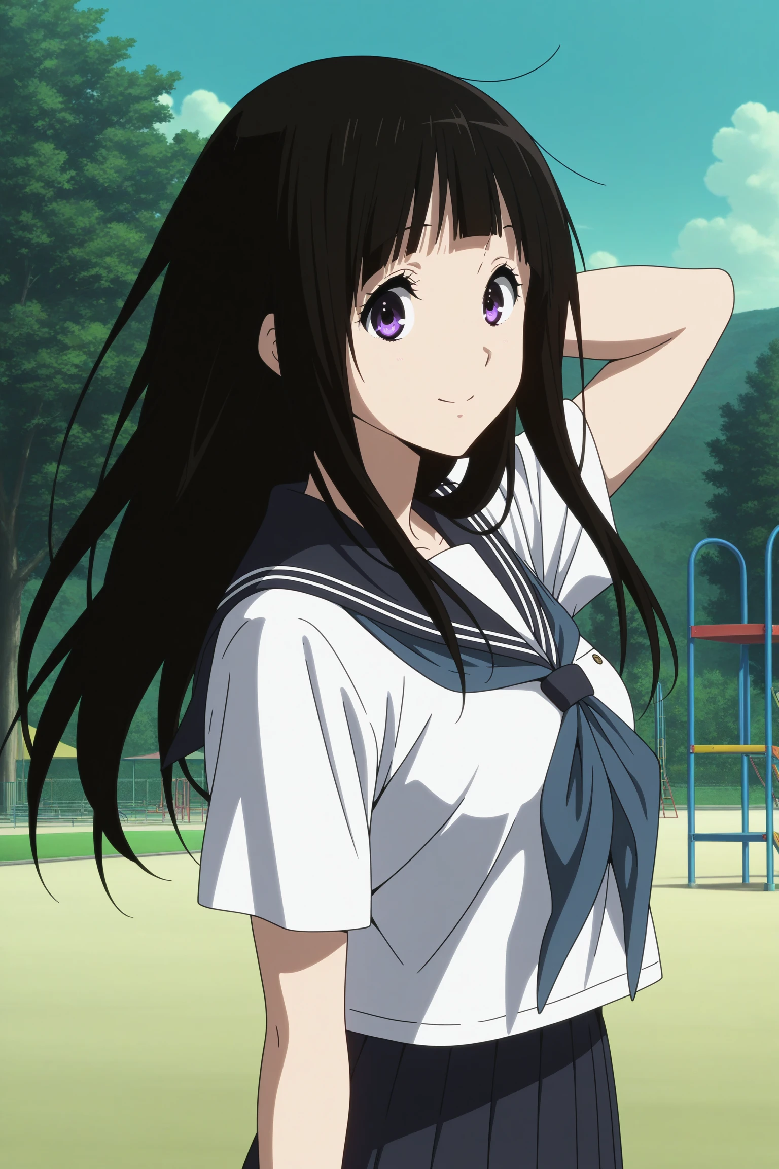 masterpiece, best quality, amazing quality, highres, absurdres, very aesthetic, high resolution, ultra detailed, perfect details, 1girl, solo, outdoors, school, playground, medium breasts, chitanda eru, black hair, long hair, blunt bangs, purple eyes, serafuku, short sleeves, white shirt, blue sailor collar, blue neckerchief, blue skirt, pleated skirt, white kneehighs, loafers, <lora:Eru_Chitanda_ILXL:0.8>, (aged up:1.2), (upper body:1.5), (pose:1.3), anime coloring, looking at viewer, smile, wind, floating hair