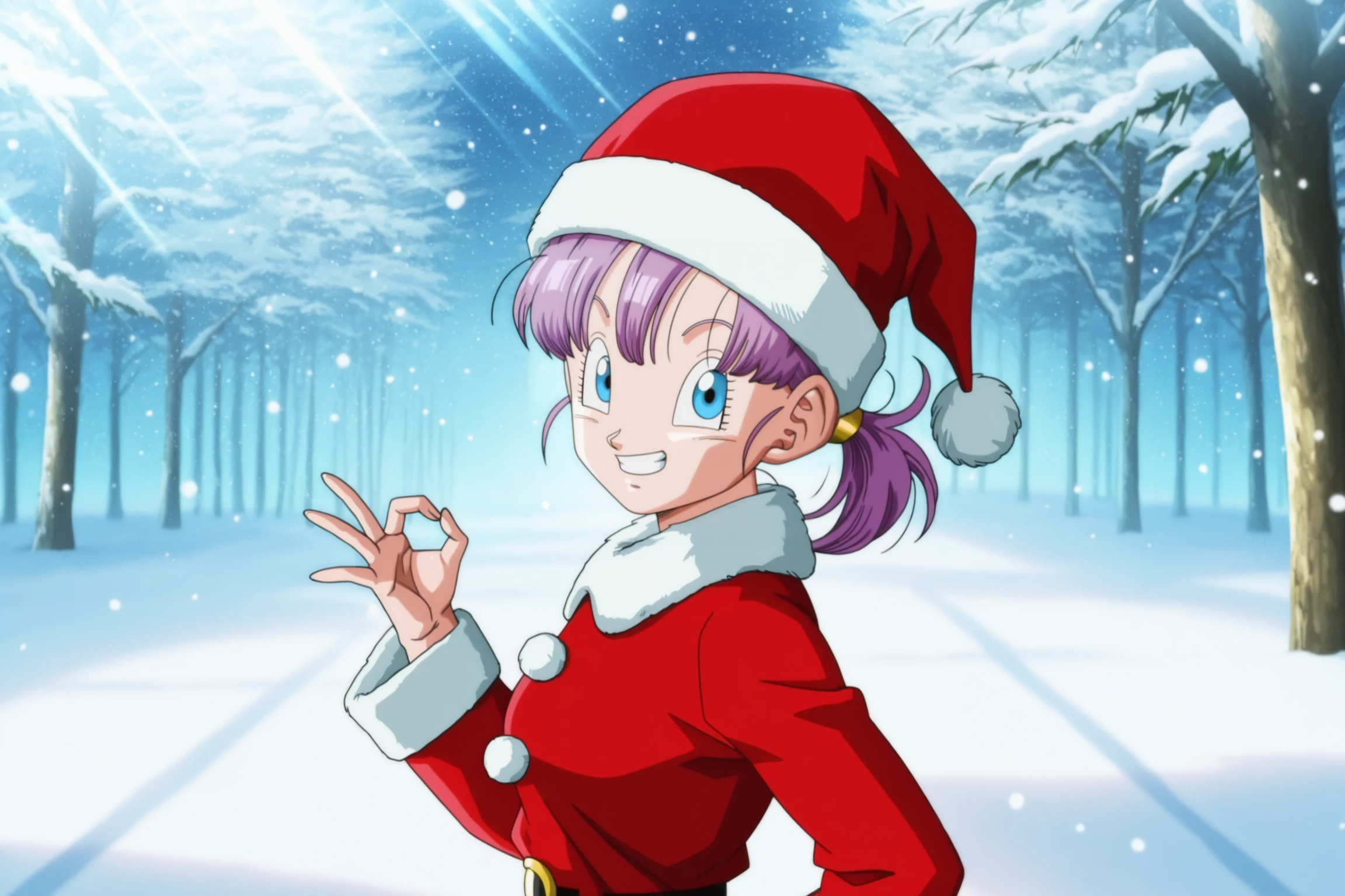 anime screencap, masterpiece, best quality, amazing quality, very aesthetic, absurdres,  newest, (scenery, volumetric lighting),BREAK
official style, solo, 1girl, bra \(dragon ball\), short hair, blue eyes, ponytail, purple hair santa hat, (santa costume), snow, fur trim, outdoors, snowing, upper body, ok sign, grin, teeth, fur collar,
dappled sunlight, light particles, light rays, 
 <lora:Bra_IL:0.8>
masterpiece, best quality, amazing quality, very aesthetic, absurdres,  newest, (scenery, volumetric lighting),