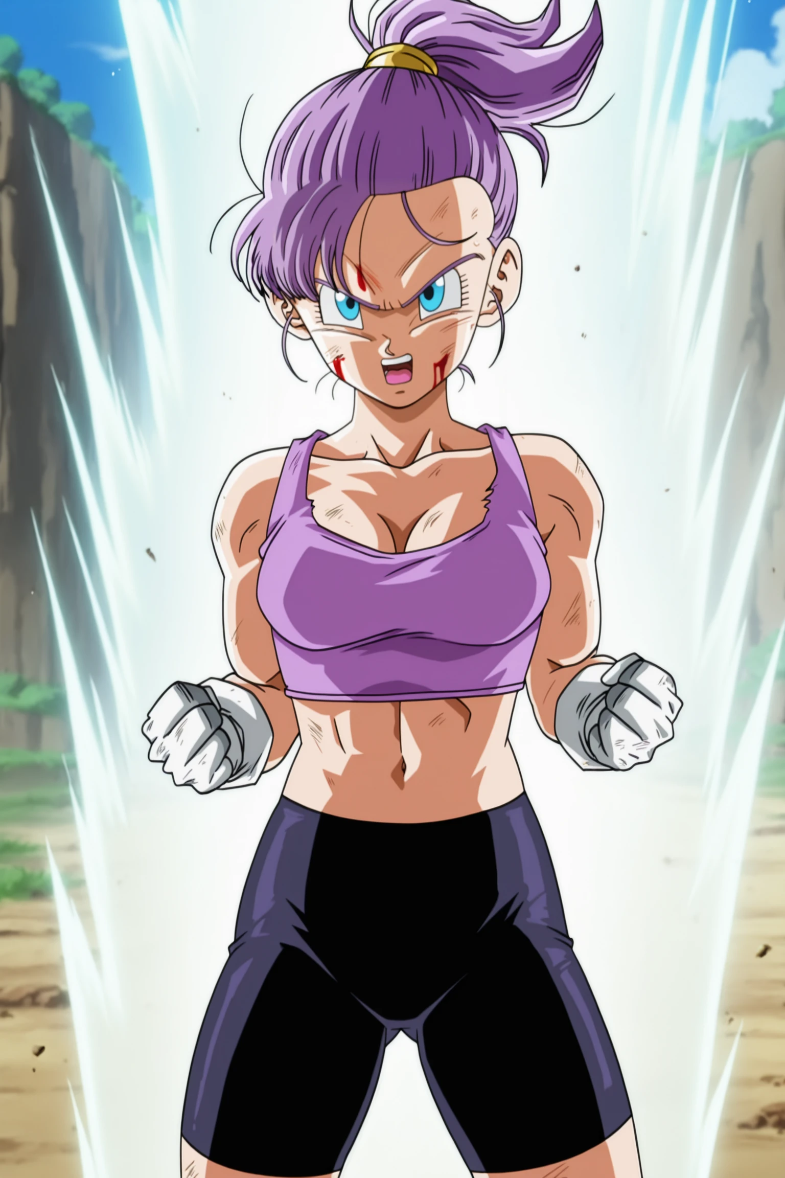 anime screencap, masterpiece, best quality, amazing quality, very aesthetic, absurdres,  newest, (scenery, volumetric lighting),BREAK
bra \(dragon ball\), multiverse, official style, 1girl, solo, breasts, open mouth, blue eyes, white gloves, navel, cleavage, medium breasts, ponytail, purple hair, midriff, purple tank top, blood, serious, white aura, bike shorts, clenched hands, fighting stance, cowboy shot, dirty, dirty face
 <lora:Bra_IL:0.8>
masterpiece, best quality, amazing quality, very aesthetic, absurdres,  newest, (scenery, volumetric lighting),