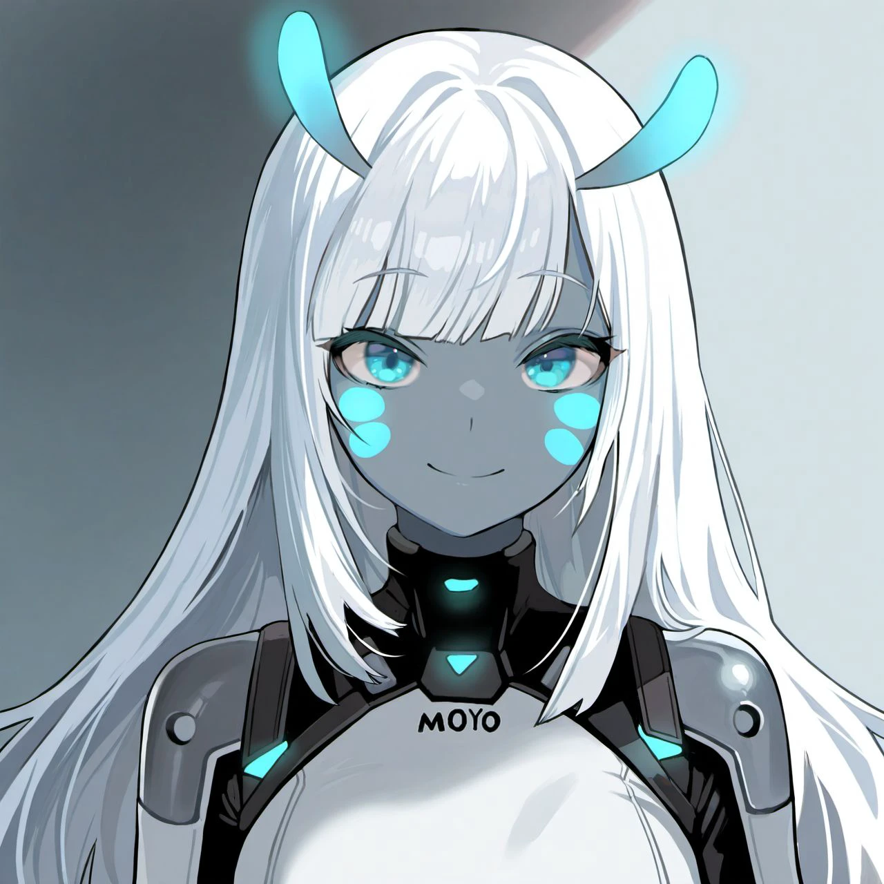 masterpiece, best quality, amazing quality, very aesthetic, high resolution, 
moyo, antennae, facial mark, grey skin, 1girl, solo, long hair, looking at viewer, smile, bangs, blue eyes, white hair, bodysuit, closed mouth, upper body, colored skin,
<lora:moyo_race_v2-000007:0.9>,