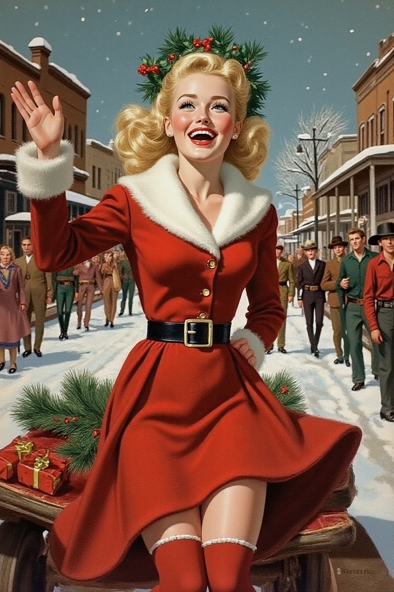 IPbN46, traditional media, fine art, christmas parody, 1940s \(style\), Eris Etolia, Blonde, Blue Eyes,

In the heart of a small Western town, celebrating Christmas, we see Eris Etolia, a blonde, blue-eyed teenage girl, riding on a festive float. She's dressed in a cozy yet stylish 1950s winter outfit; a red woolen dress that cinches at the waist, paired with matching thigh-high stockings and a garter belt discreetly hidden under her skirt. Her laughter fills the air as she waves to the crowd, her hair adorned with a holly wreath. The scene is a parody of the classic parade, with Eris at the center, embodying the spirit of the season with her youthful innocence and holiday cheer.