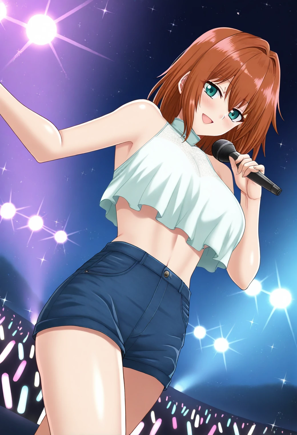 sysdeep_hah, 1girl, solo, Outdoor concert, crop top, denim shorts, dancing carefree, <lora:Artist_Style_-_Hell_and_Heaven:1>