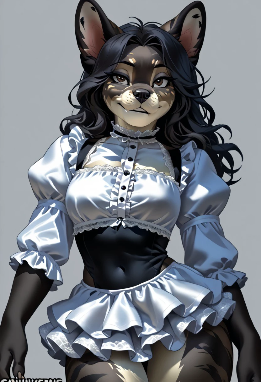 score_9, score_8_up, score_7_up, (by kittydee:1.5), (by jailbird:1.5), (by zummeng:1.5), masterpiece, best quality, (solo),  
(Furry Art : Anthro :French Bulldog:1.9), transgirl, expressive eyes, feminine eyes, <lora:beautiful_detailed_eyes:1>, perfect face, feminine face, (beautiful brunette hair), (shoulder length wavy hair:1.3), black fur:1.5, feminine body, medium breasts, (flat belly:1.3), (wide hips:1.4), (slim waist:1.2), (muscular abs:1.2), (muscular biceps:1.2), (thick muscular thighs:1.4), (black frilly skirt:1.5), (white gothic shirt with puffy sleeves:1.5), (light brown eyes),