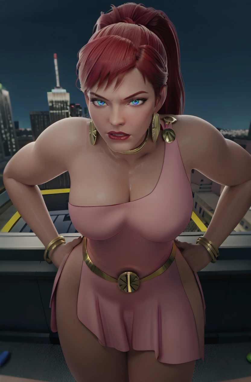 score_9, score_8_up, score_7_up, score_6_up, masterpiece, high quality, perfect face, perfect eyes, Giganta, 1girl, solo, red hair, long hair, ponytail, blue eyes, gold jewelry, hoop earrings, bracelet, choker, pink dress, belt, boots, lipstick, cleavage, rooftop, cityscape, from front, hands on own hips
 <lora:JLUGiganta-110reps:1> <lora:GBLycoXLV2:1>