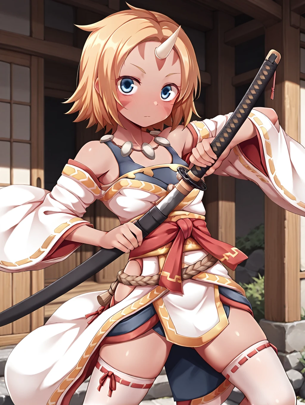 1girl, solo, Gobadult, blonde hair, short hair, blue eyes, facial marks, single horn, white japanese clothes, white thighhighs, 

 Standing, expressionless, looking at viewer, cowboy shot, holding katana, dynamic pose, 

masterpiece, best quality,amazing quality, very aesthetic, absurdres, depth of field, blurry background, extremely detailed face, detailed eyes