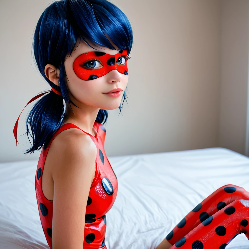 Ladybug, domino mask, blue hair, cutie detailed face, low twintails, photorealism, sexy sitting on the bed