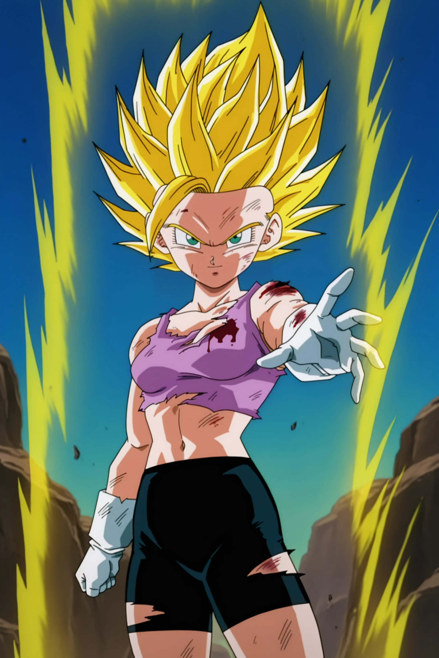 anime screencap, masterpiece, best quality, amazing quality, very aesthetic, absurdres,  newest, (scenery, volumetric lighting),BREAK
bra \(dragon ball\), multiverse, super saiyan 2, 1990s \(style\), anime coloring, retro artstyle, 1girl, solo, breasts, looking at viewer, blonde hair, navel, green eyes, cowboy shot, midriff, white gloves, outstretched arm, clenched hand, purple tank top, torn clothes, blood, black shorts, spiked hair, bike shorts, injury, electricity, golden aura, bruise, outdoors, rock, sky
 <lora:Bra_IL:0.8>
masterpiece, best quality, amazing quality, very aesthetic, absurdres,  newest, (scenery, volumetric lighting),