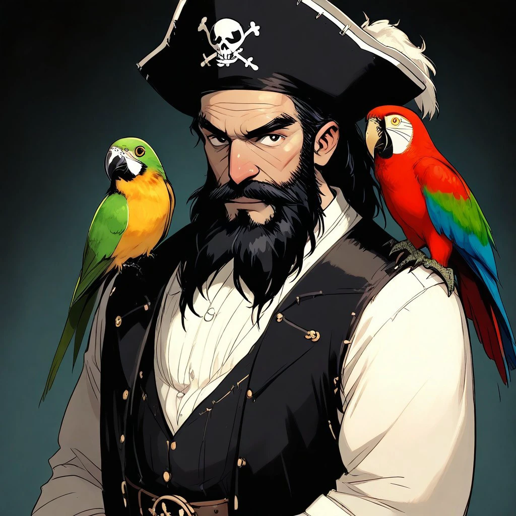 NeonhadesV2IllustriousXL, masterpiece, best quality, 2.5D male focus, score_9, score_8_up, score_7_up, 1boy, beard, facial hair, mustache, hat, pirate hat, pirate, old, old man, black hair, Parrot on shoulder, Parrot, bird, bird on shoulder, animal on shoulder