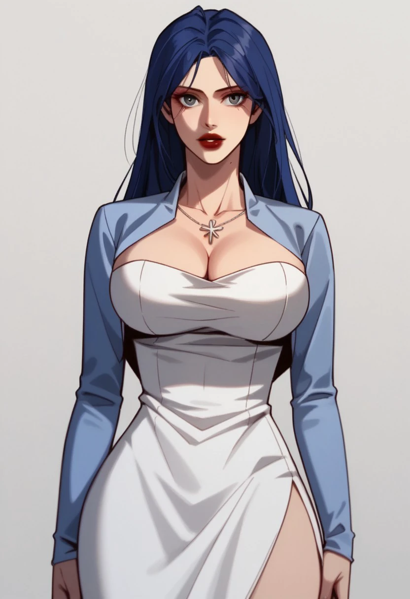 score_9, score_8_up, score_7_up, BREAK, HuaLei, long hair, blue hair, grey eyes, large breasts, red lips, makeup, necklace, cleavage, blue jacket, cropped jacket, long dress, white dress, side slit, 1girl, solo,