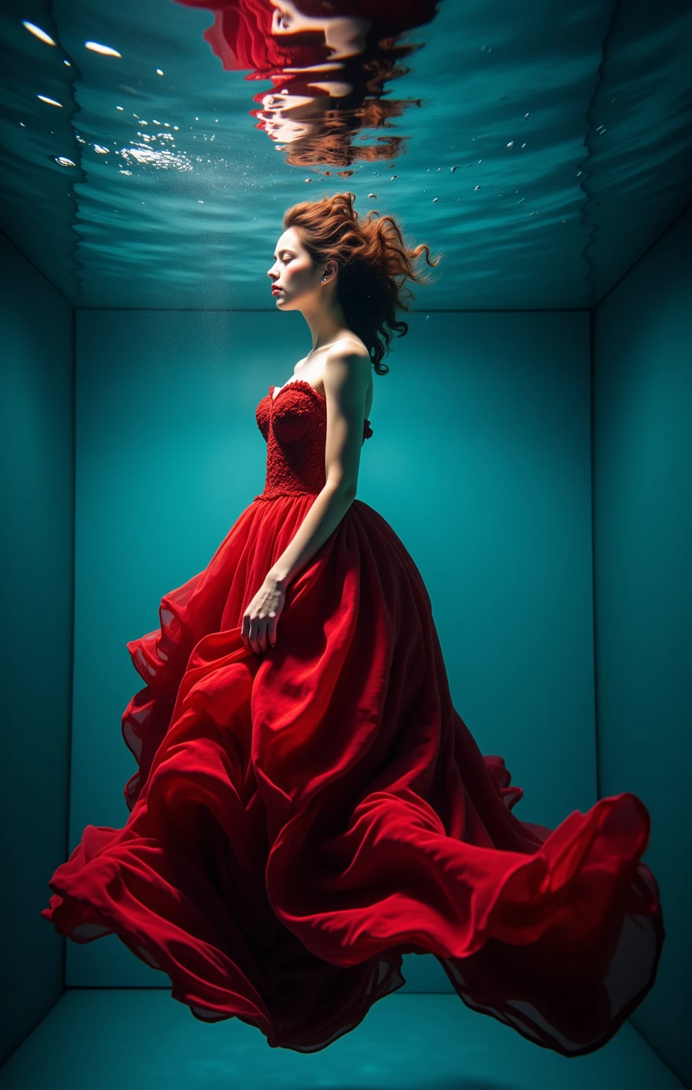 Underwater_Photography,Underwater_Photography,(Vivid Coral Reef,Underwater Serenity,1girl,woman, Elegance Underwater, A Red Gown Floats in a Clear Pool Reflecting Light and Movement:1.6),underwater,film,photo,photography,Undersea,underwater photography,