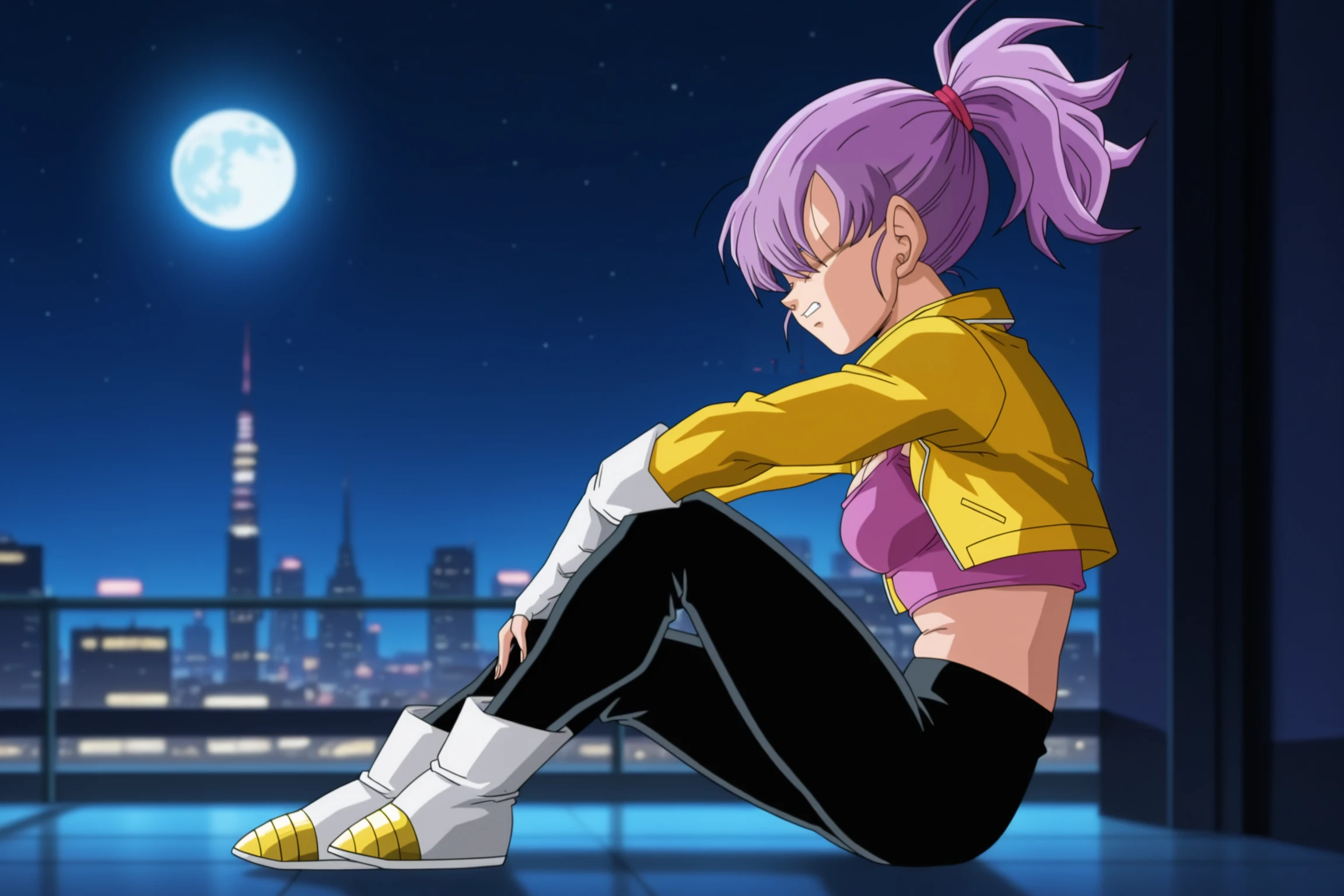 anime screencap, masterpiece, best quality, amazing quality, very aesthetic, absurdres,  newest, (scenery, volumetric lighting),BREAK
bra \(dragon ball\), multiverse, official style, 1girl, solo, breasts, white gloves, medium breasts, sitting on floor, jacket, full body, ponytail, purple hair, saiyan shoes, midriff, pants, fingerless gloves, purple tank top, white footwear, sneakers, cropped jacket, hair over eyes, from side, grabbing own thigh, cityscape, outdoors, night sky, night, moon, moonlight, blurry background,
 <lora:Bra_IL:0.8>
masterpiece, best quality, amazing quality, very aesthetic, absurdres,  newest, (scenery, volumetric lighting),