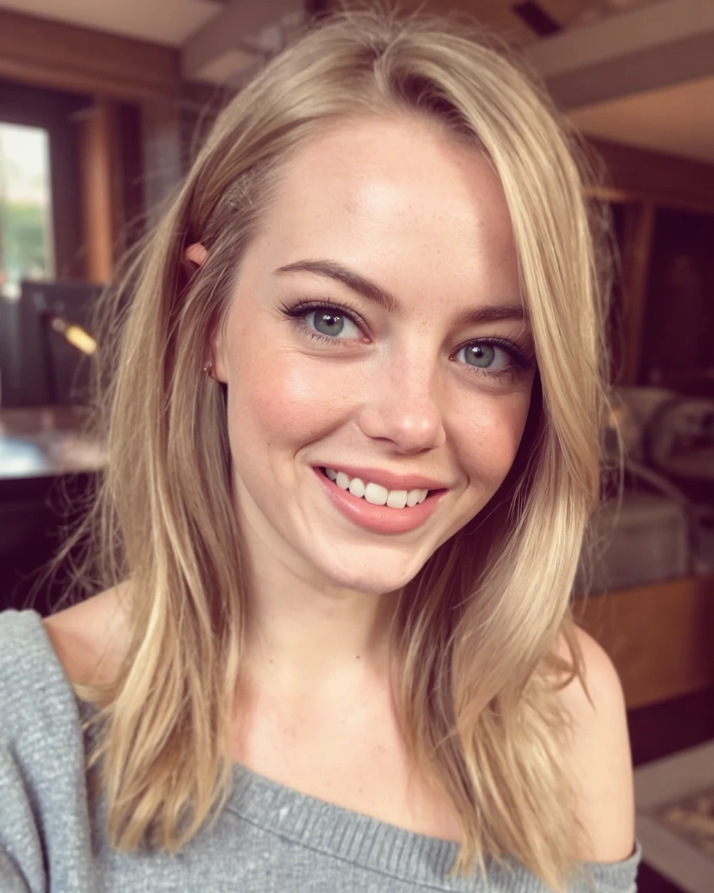 This is a high-resolution, close-up photograph of emma_stone with light skin and striking hazel hazel green eyes. She has a smooth complexion and long, straight, blonde hair that cascades over her shoulders, with a few strands gently touching her cheek. Her facial features are delicate, with a small, natural smile revealing perfectly straight, white teeth. She has a slender neck and is wearing a soft, off-the-shoulder, light grey sweater, which adds a cozy and casual vibe to the image. The background is slightly blurred, but it appears to be a modern indoor setting, with neutral tones and soft lighting that enhances the subject's natural beauty. The overall mood of the photograph is intimate and serene, with a focus on the subject's face and hair, creating a warm and inviting atmosphere.