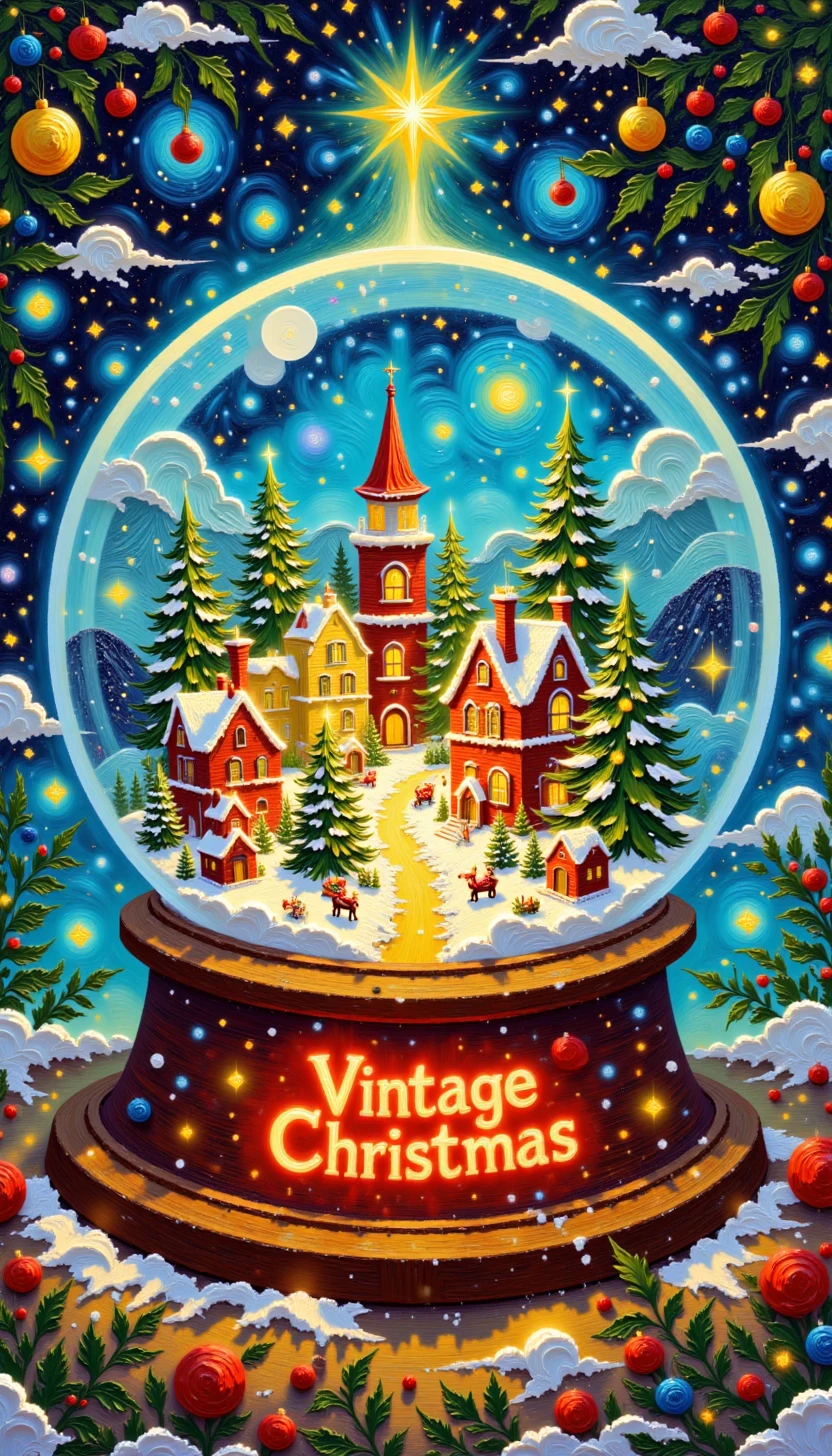 pinkvintagechristmasoilpainting, with text: ("Vintage Christmas":1.1)

 A glowing snow globe with a miniature Christmas village inside, vibrant and magical, with text "Vintage Christmas" sparkling on the snow globe’s base.