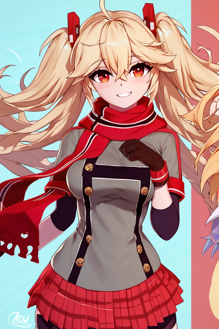 score_9, score_8_up, score_8, medium breasts, (curvy), cute, eyelashes, ,,, , ,,, zzBlucher, red eyes, hair between eyes, ahoge, blonde hair, hair ornament, long hair, twintails, two side up, scarf, gloves, large breasts, red scarf, black gloves, plaid skirt, grey shirt, double-breasted, pleated skirt, black thighhighs, miniskirt, <lora:Blucher_Azurlane_PDXL:1.0>, ,,,, BREAK, smile, looking at viewer, cowboy shot, ,,, embedding:zPDXL, Expressiveh, ,,, <lora:Zy0n7_PDXL:0.8>, <lora:SDXLFaeTastic2400:0.5>, <lora:Expressive_H-000001:0.4>,
