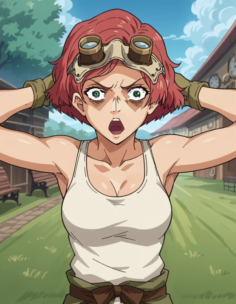 score_9, score_8_up, score_7_up, source_anime, <lora:kabaneri-yukina-s1-ponyxl-lora-nochekaiser:1>, yukina, short hair, green eyes, red hair, medium breasts, anime screencap, gloves, pants, tank top, goggles, goggles on head, steampunk, white tank top, pants,, park, grass, benches, path, recreation, , <lora:shocked-black-guy-ponyxl-lora-nochekaiser:1> shocked black guy, open mouth, looking at viewer, hands behind head, shaded face,, looking at viewer, solo,, dutch angle, cowboy shot