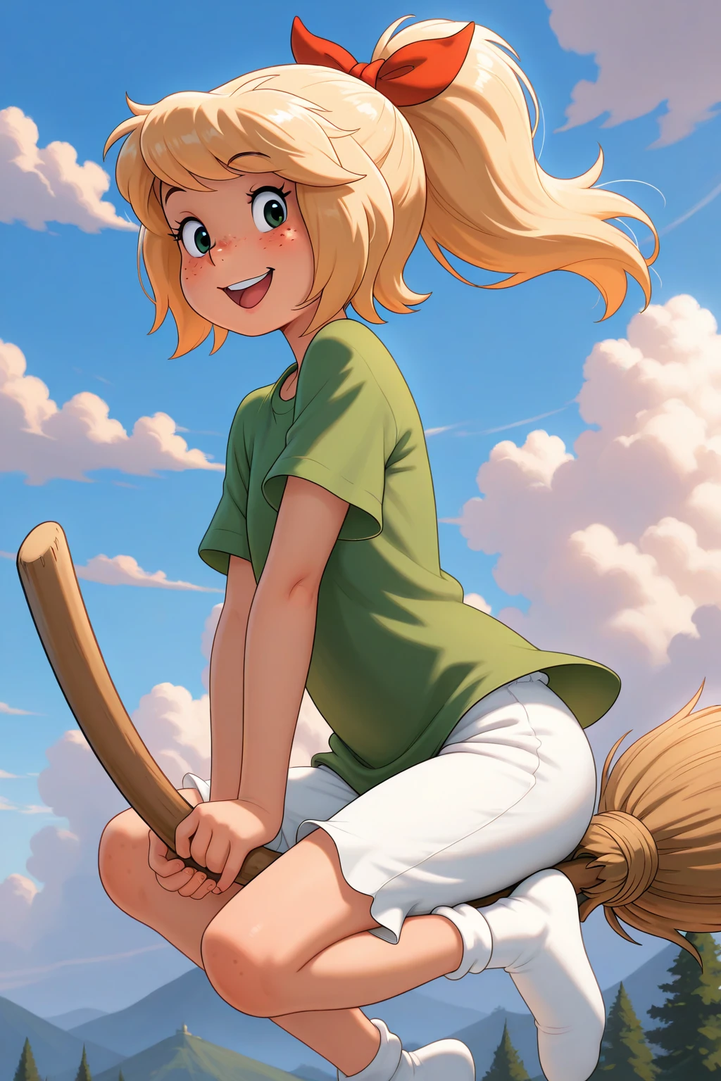 masterpiece, best quality, amazing quality, absurdres, solo, bibi blocksberg, smile, open mouth, happy, broom riding, blonde hair, red ribbon, freckles, high ponytail, green shirt, white shorts, white socks, looking at viewer, outside, sunny, sky, cloud