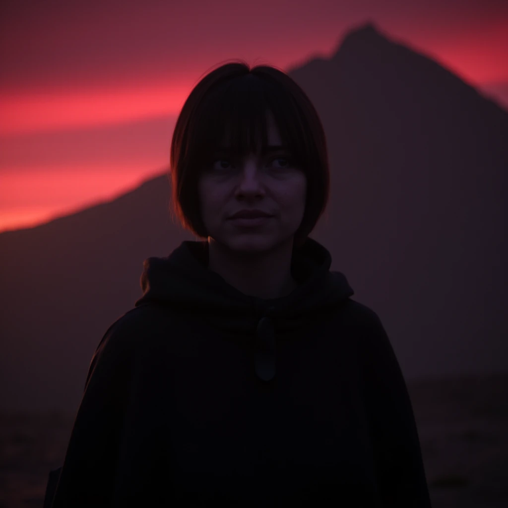 UHD, 4k, ultra detailed, cinematic, a photograph of <lora:3D rendering Love, Death & Robots v1:0.9>
In 3D rendering style, a dark themed image of a woman standing in front of a mountain at night, 1girl, solo, looking at viewer, short hair, black hair, upper body, bag, cape, blurry, blurry background, LoDe+Robots Style, Love Death + Robots style, Love, Death & Robots style, animated, horror, dark, black, apocalyptic, dystopian, domination, sunset, dawn, dusk, looking at camera, staring, short hair, dramatic light, cyberpunk, LoDe+Ro style, outdoors, parted lips, sky, scarf, backpack, cinematic sunset, red sky, looking at viwers, short hair, brown skin, brown hair, blue eyes, epic, beautiful lighting, inpsiring