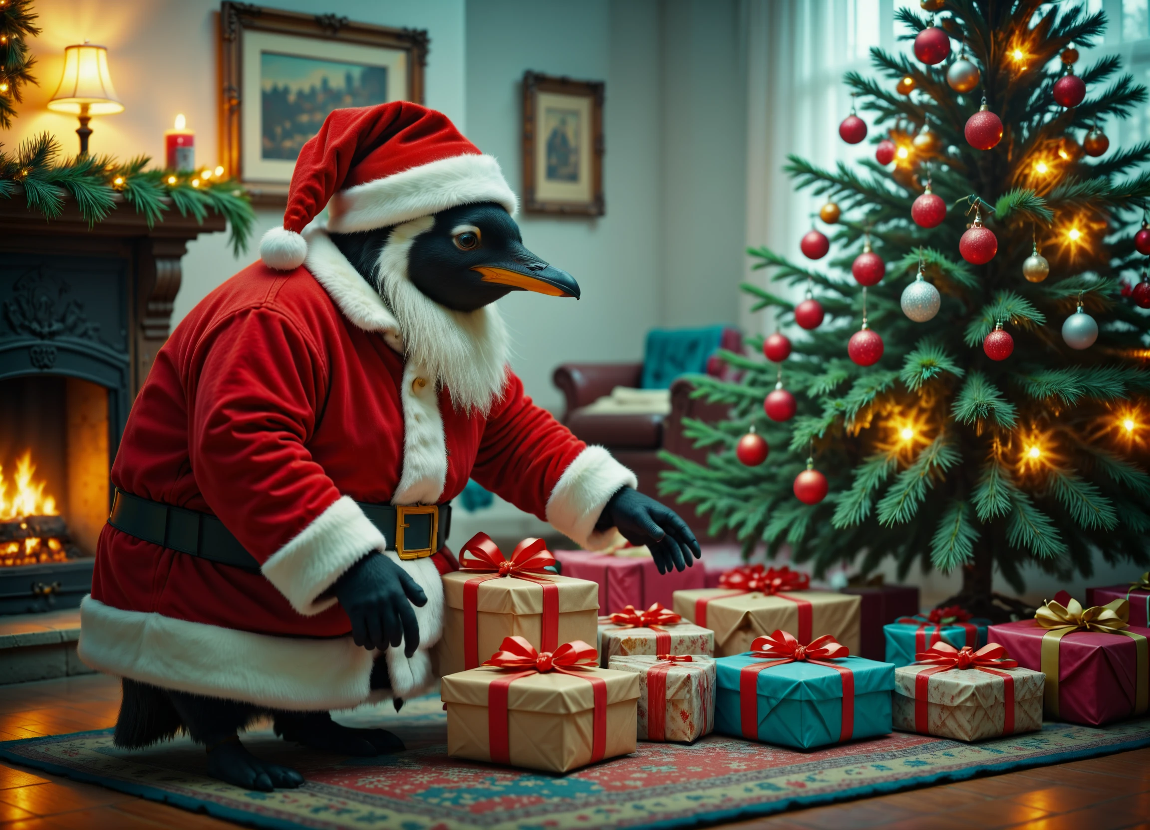 <lora:Santa_Penguin_SDXL:1> s4nt4p3ngu1n, santa hat, putting gifts under Christmas tree