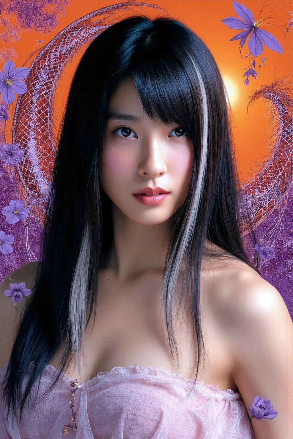 a young korean woman with a captivating and futuristic aesthetic. she has long, straight hair with a striking combination of black and silver streaks, (right eye covered by hair), one visible eye is emphasized with bold, dramatic makeup, contributing to a powerful and intense expression.
The person is dressed in a light, off-the-shoulder top that reveals one shoulder, adding to their sleek and modern look.
The background is a blend of  primarily oranges and purplesâwith abstract, metallic, dragon-like forms intertwined with organic elements such as flowers and leaves.  ,<lora:flux_realism_lora:1>, <lora:makinaflux_tsuchiyatao_v1.0:1>