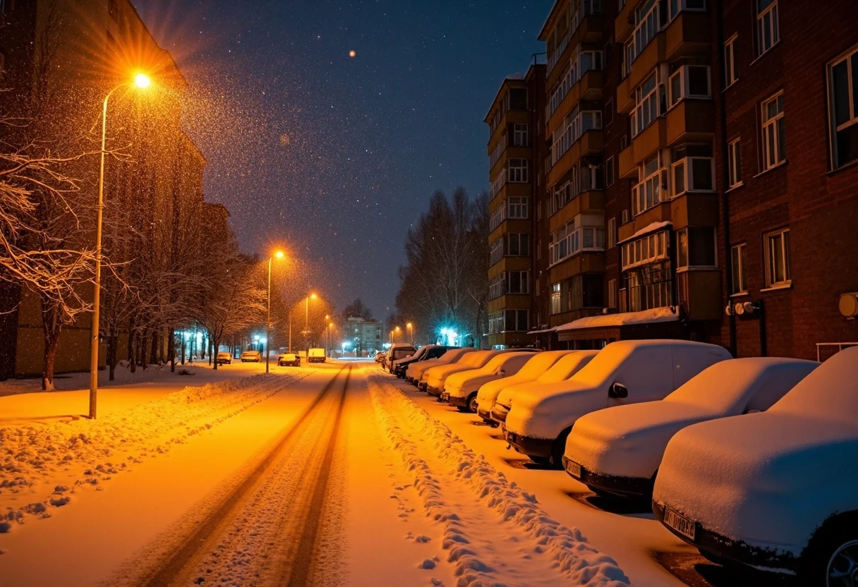 Winter nighttime urban scene, snow-covered cars parked along residential street, apartment building with illuminated windows, orange street lamps creating warm glow against dark sky, heavy snowfall visible in lamp light, deep snow drifts covering vehicles, Soviet-era apartment block architecture, falling snow creating atmospheric effect around lights, dark winter evening setting, parked vehicles completely blanketed in snow, residential parking area, snowy branches visible against night sky, warm sodium vapor lighting, moody winter photography, snow-covered urban landscape, stark contrast between warm lights and cold snow, cinematic night photography composition, heavy snowstorm conditions