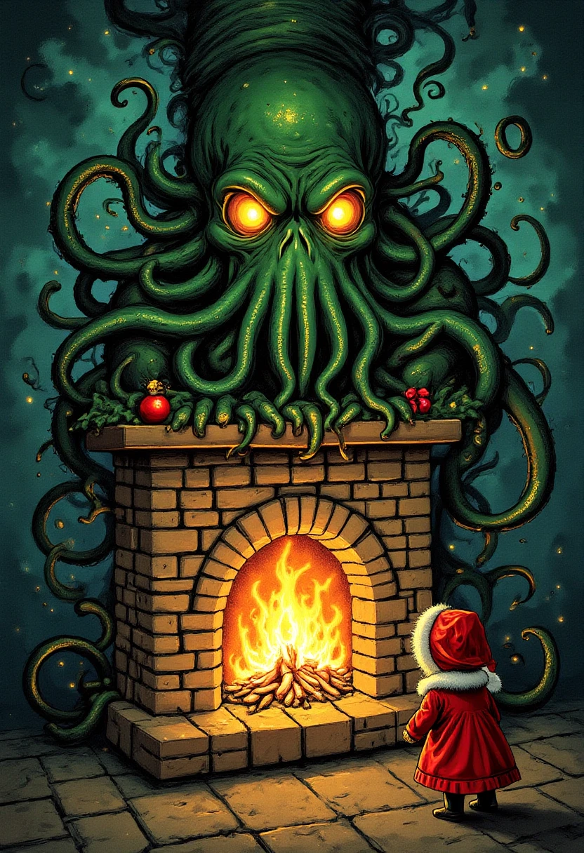 CthulhuChristmas A child peering into their fireplace on Christmas Eve, only to see Santa Cthulhu emerging from the flames, his tentacles coiling around the edges of the chimney. The room is filled with strange shadows cast by flickering, otherworldly light. Style: reminiscent of classic childrenâs book illustrations, with a sinister, dreamlike twist.