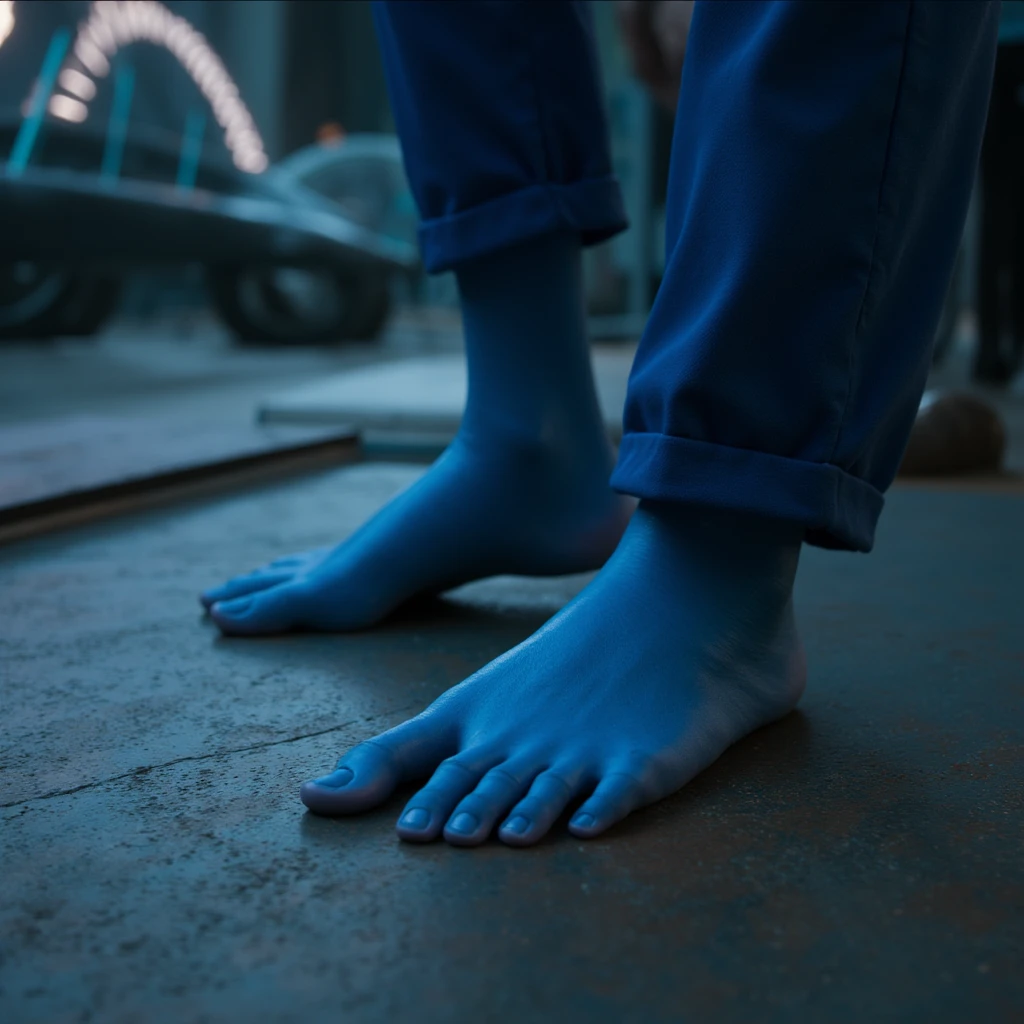 Hyperrealistic art of  <lora:2154 Avatar movie style v1:0.8>
In 2154 on planet Pandora Navi blue skin indigenous species a person with blue skin on their perfect feet, close-up, out of frame, foot focus, action, sci-fi, science fiction, movie themed, sharp, detailed, epic cinematic photography, artistic, creative, dramatic light, cinematic color style, Kodak film style, 8k resolution, avatar style, socks, toenails, colored skin, blue pants, blue skin, tiles, dirty, dirty feet
, Extremely high-resolution details, photographic, realism pushed to extreme, fine texture, incredibly lifelike