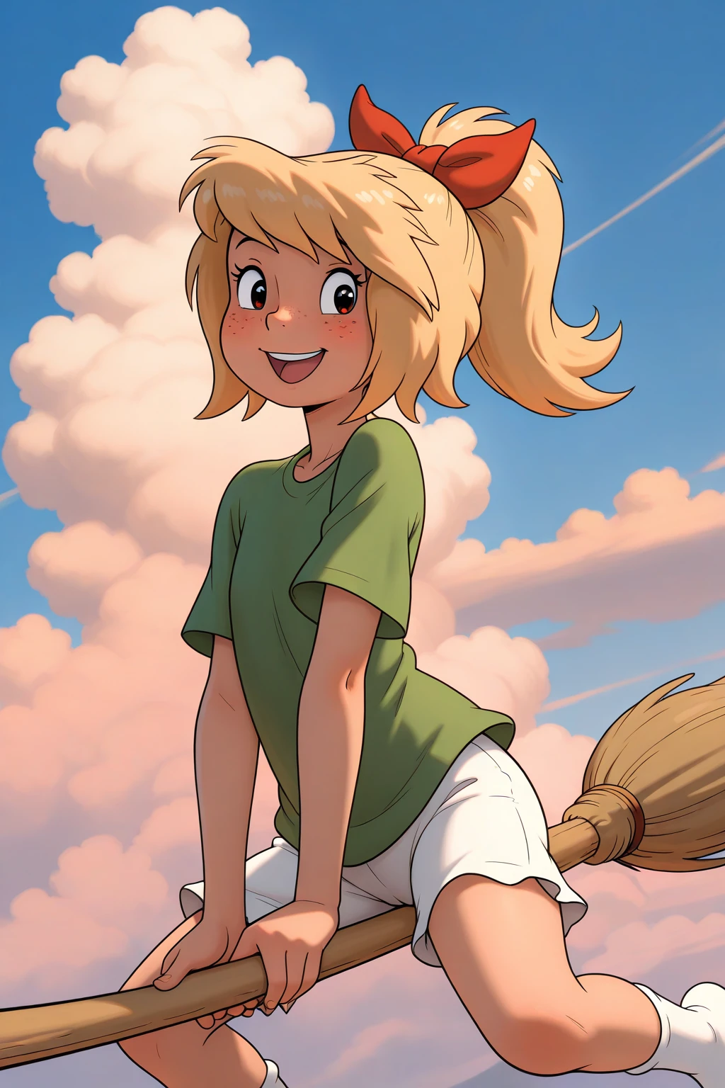 masterpiece, best quality, amazing quality, absurdres, solo, bibi blocksberg, smile, open mouth, happy, broom riding, blonde hair, red ribbon, freckles, high ponytail, green shirt, white shorts, white socks, looking at viewer, outside, sunny, sky, cloud