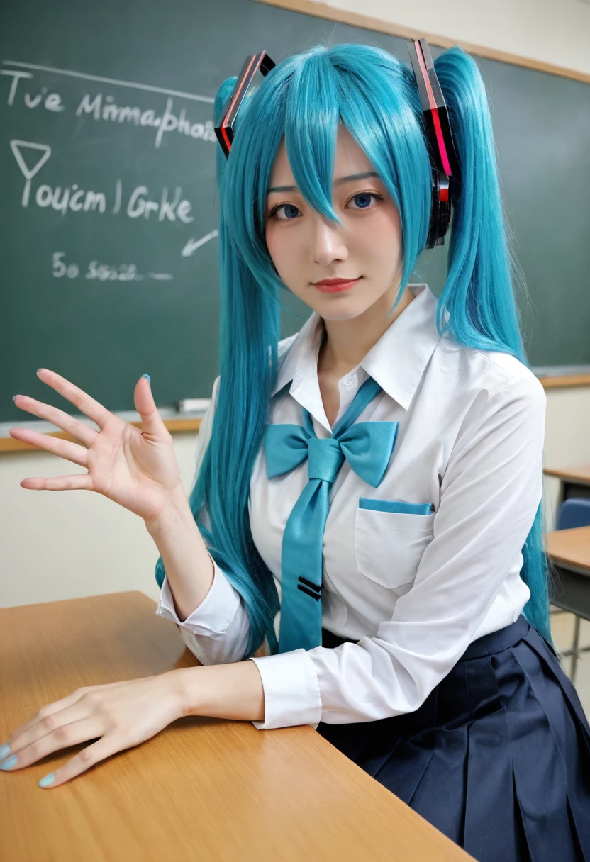 realistic,masterpiece,best quality,absurdres,highres,DSLR,film grain,professional photography,4k photo,
cosplay,cosplay photo,
1girl,(hatsune Miku:1.2),long hair,blue hair,school uniform,blue eyes,solo,shimokitazawa high school uniform,yamada ryo (cosplay), A girl is in the classroom,sitting on a desk with her hand up and waving,She has long black hair and blue eyes. In the background there are other students sitting at their desks and a teacher standing near the chalkboard, The girl looks at the viewer with a serious expression on her face.
<lora:cosplay photo-noob-V1:0.8>,
<lora:noob-skin texture-V1.1:0.8>, <lora:spo_sdxl_10ep_4k-data_lora_webui:0.7>