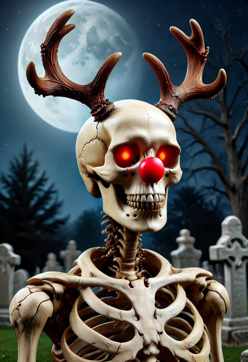 RUD0LPH1, medium full shot of a skeleton, antlers, glowing red plastic nose, set in a cemetery at night, under the moonlight, christmas, , realistic, raw photo, intricated details, dynamic, best quality