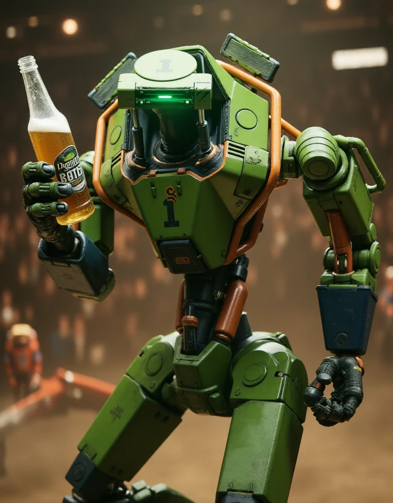 <lora:X4N:0.9> x4n,  a green robot, full body, is dancing holding a beer bottle. It dances with other robots