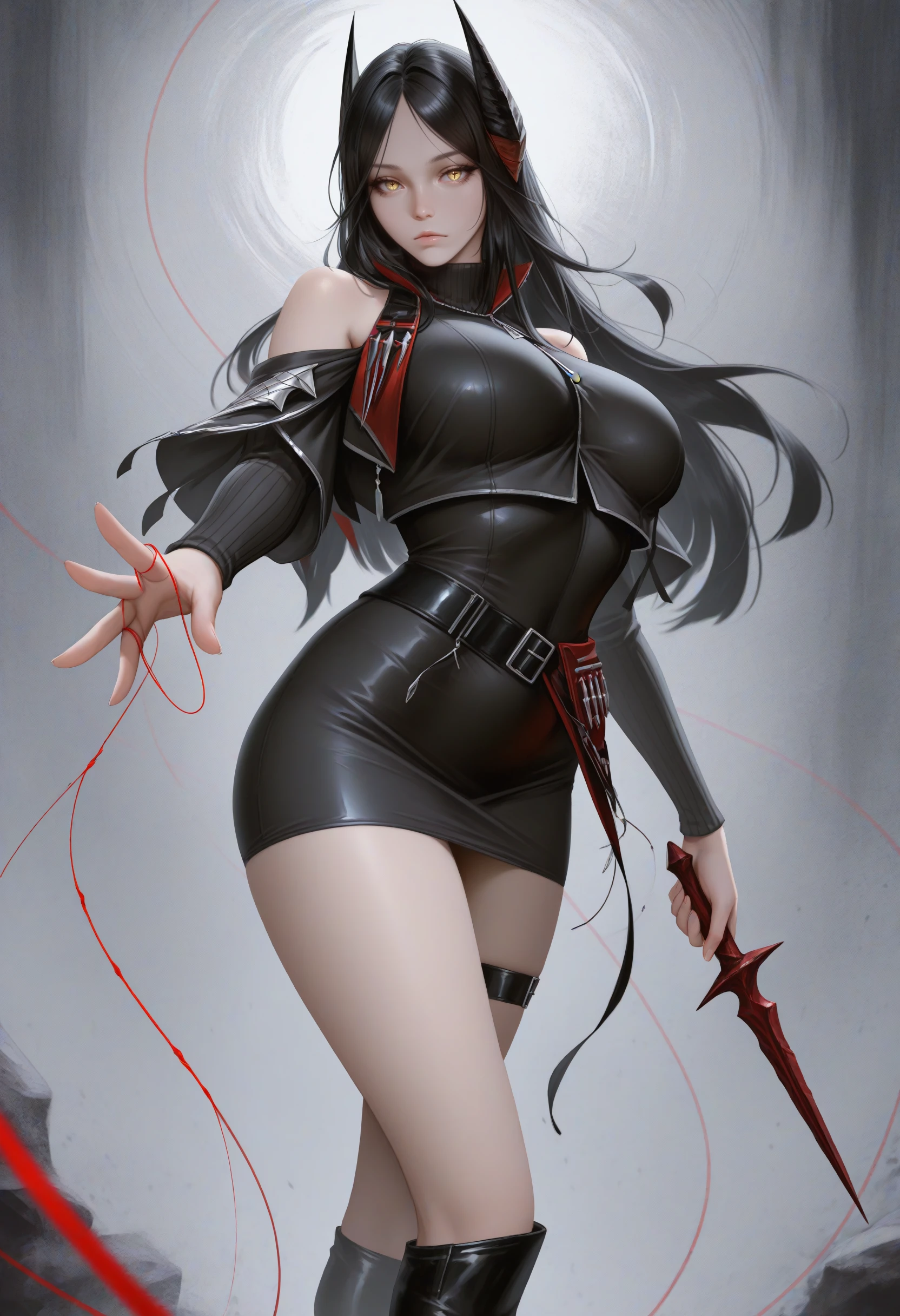 masterpiece, best quality, realistic, solo, 1girl, in3sdef, expressionless, looking at viewer, standing, outstretched arm, holding dagger, long hair, black hair, parted bangs, demon horns, yellow eyes, cross-shaped pupils, black jacket, cropped jacket, black sweater, turtleneck sweater, short dress, black dress, long sleeves, black sleeves, detached sleeves, black belt, thigh strap, black footwear, knee boots, high heel boots, bare shoulders, large breasts, abstract background, grey background, string of fate
<segment:yolo-Anzhc Face seg 640 v2 y8n.pt,0.4,0.5//cid=1>