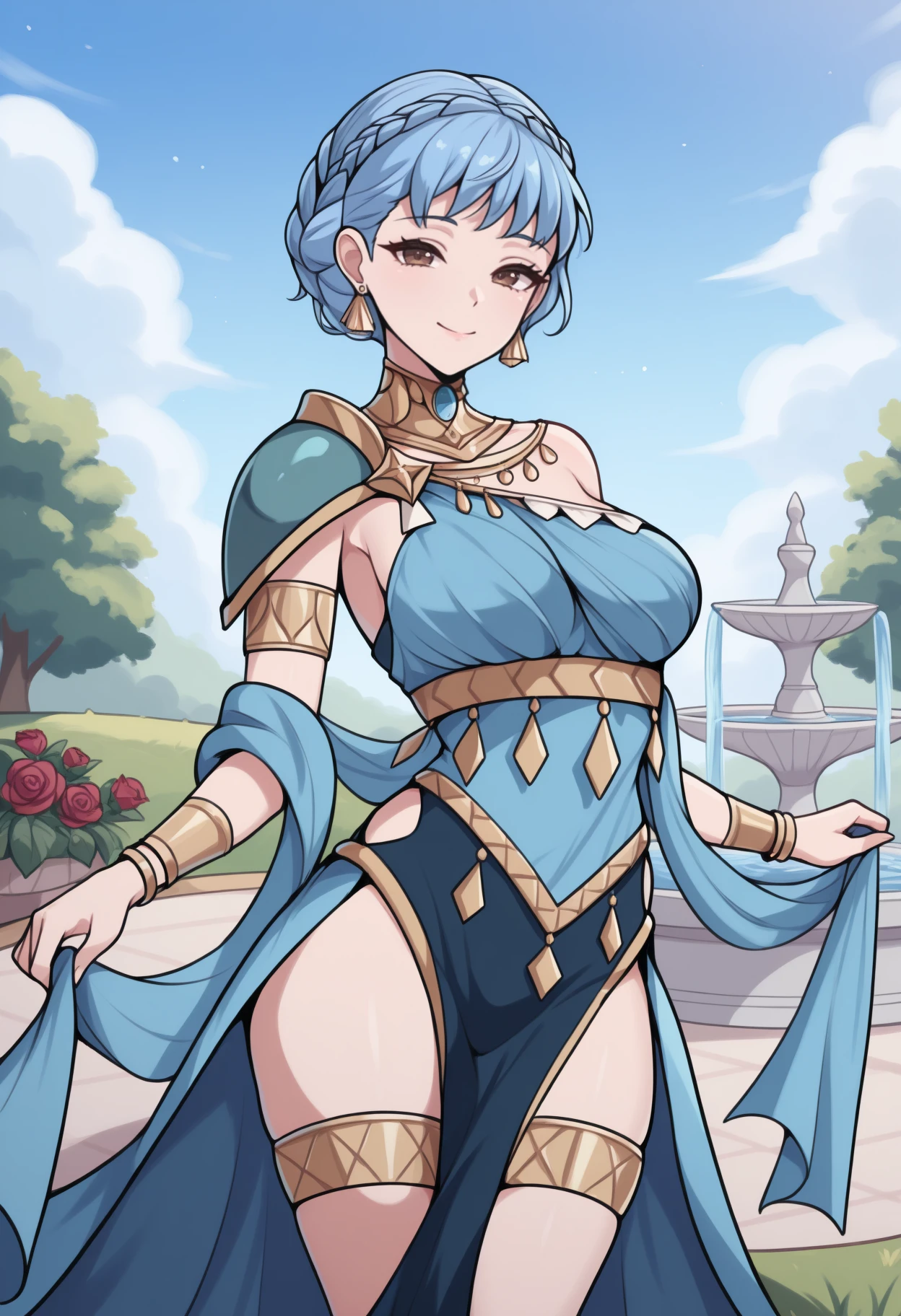 masterpiece, best quality, solo, 1girl, mrneserene, smile, looking at viewer, standing, dynamic pose, short hair, blue hair, crown braid, brown eyes, dancer, neck ring, blue dress, sleeveless dress, shoulder armor, shawl, armlet, pelvic curtain, thighlet, earrings, single bare shoulder, blue sky, cloud, fountain, grass, flower, rose
<segment:yolo-Anzhc Face seg 640 v2 y8n.pt,0.4,0.5//cid=1>