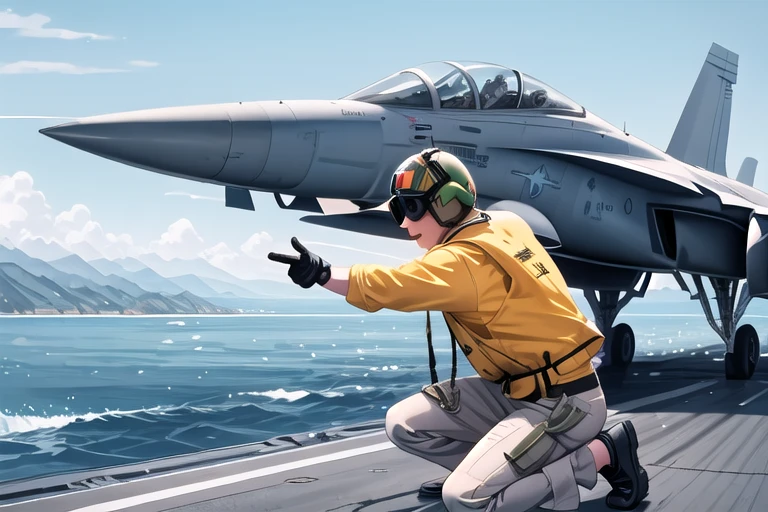 ((male focus)), ((one knee)), ((helmet)), ((goggles)), aircraft carrier, catapult officer, pointing forward, hand on own hip, 1boy, kneeling, pants, vest, gloves, sunglasses, short hair, leaning forward, ship deck, control tower, from side, cloudy sky, sky, scenery, wide shot, no humans, motion blur, simple background, <lora:girllikeaircraftcarrier_male:0.7>